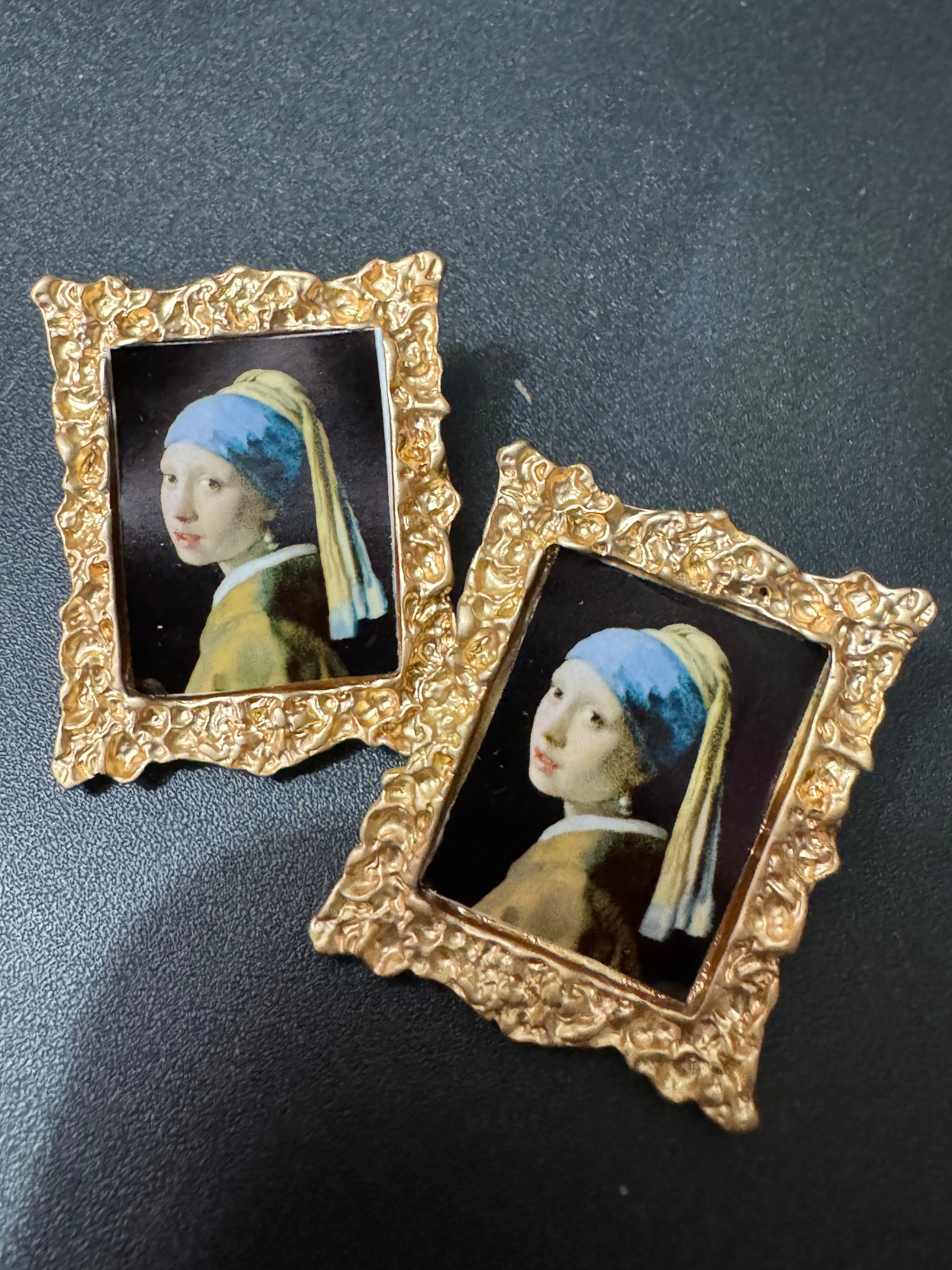 Novelty great masters pairings oversized gold framed portrait earrings