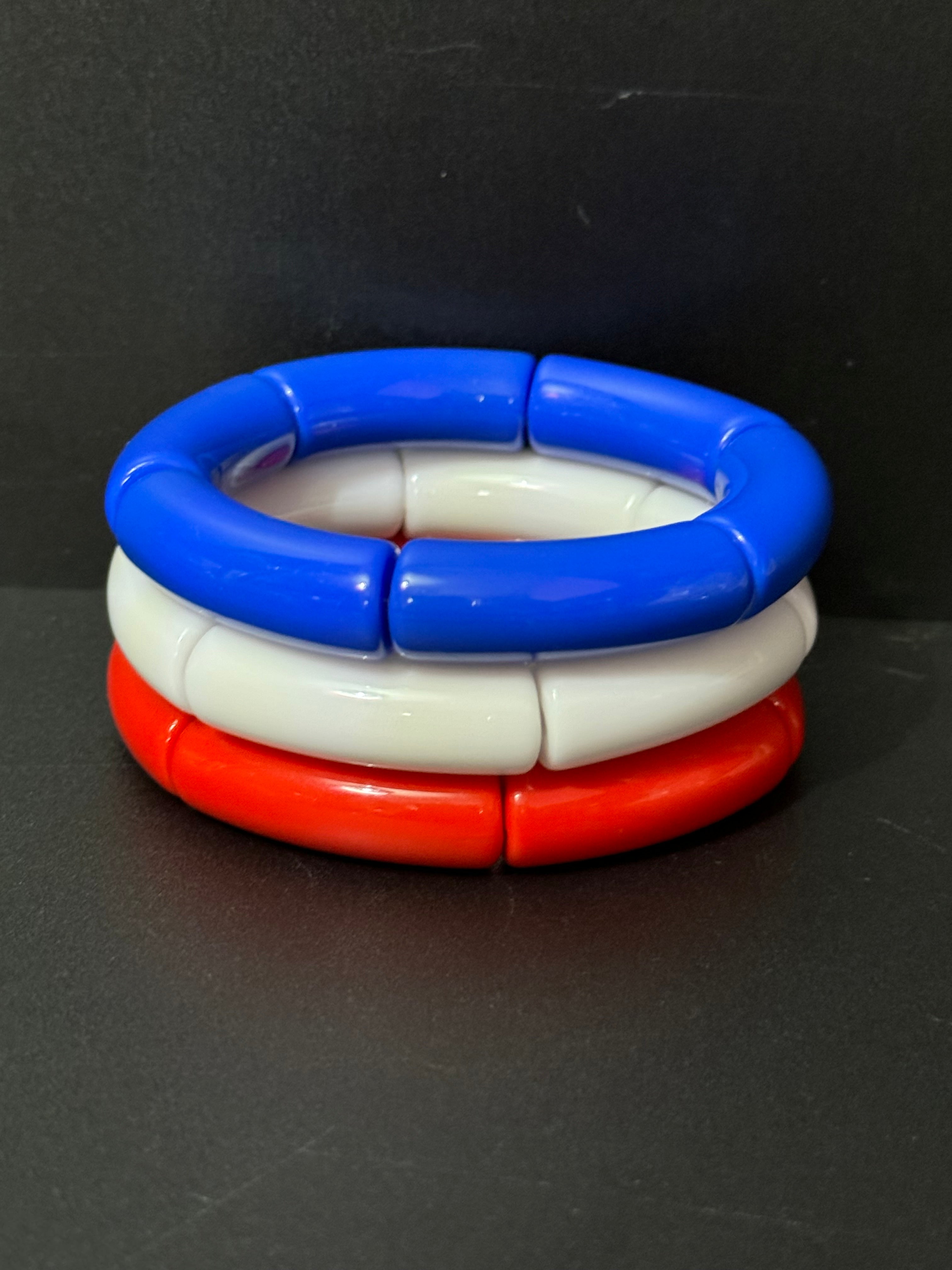 Patriotic trio of red white and blue arm stretch bangle bracelets