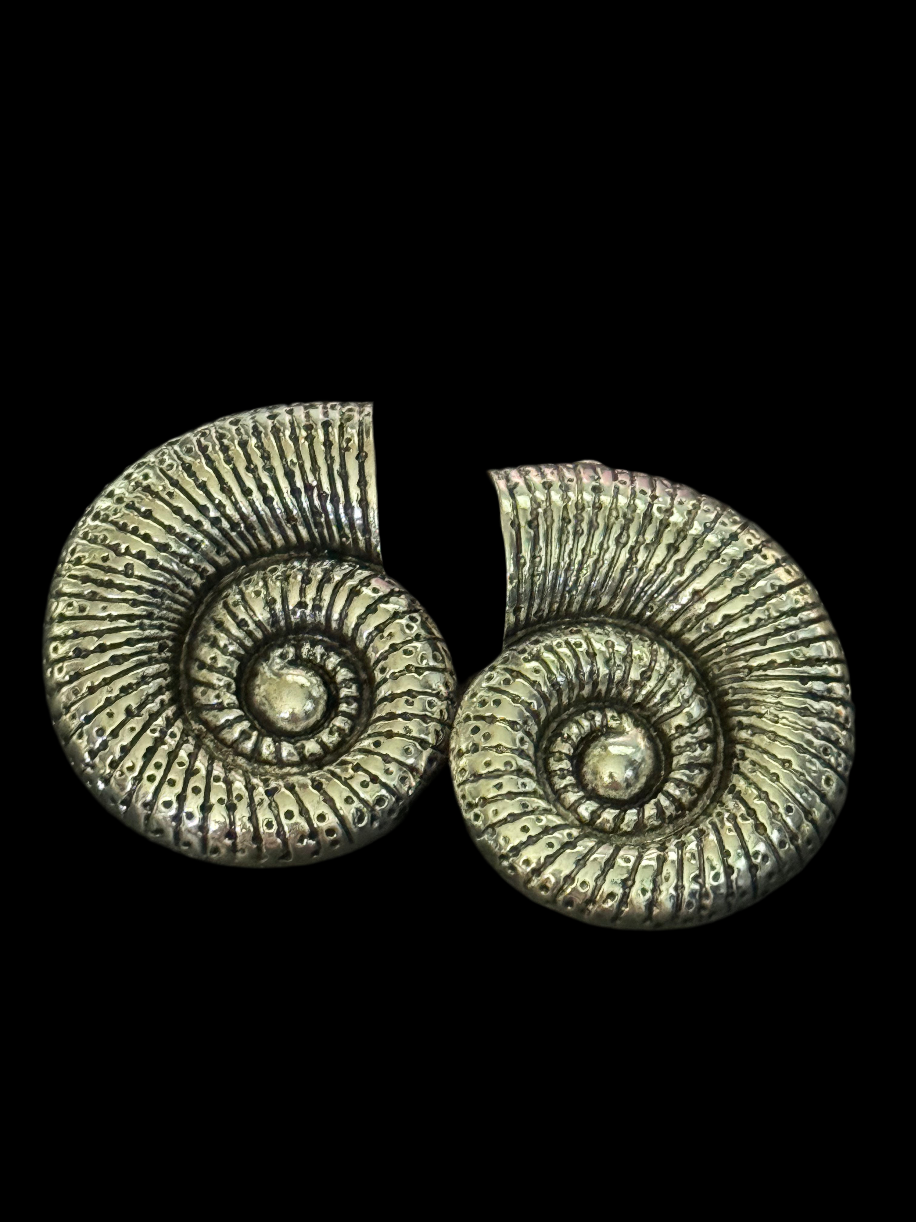 Oversized silver tone sea shell ammonite nautical earrings pierced