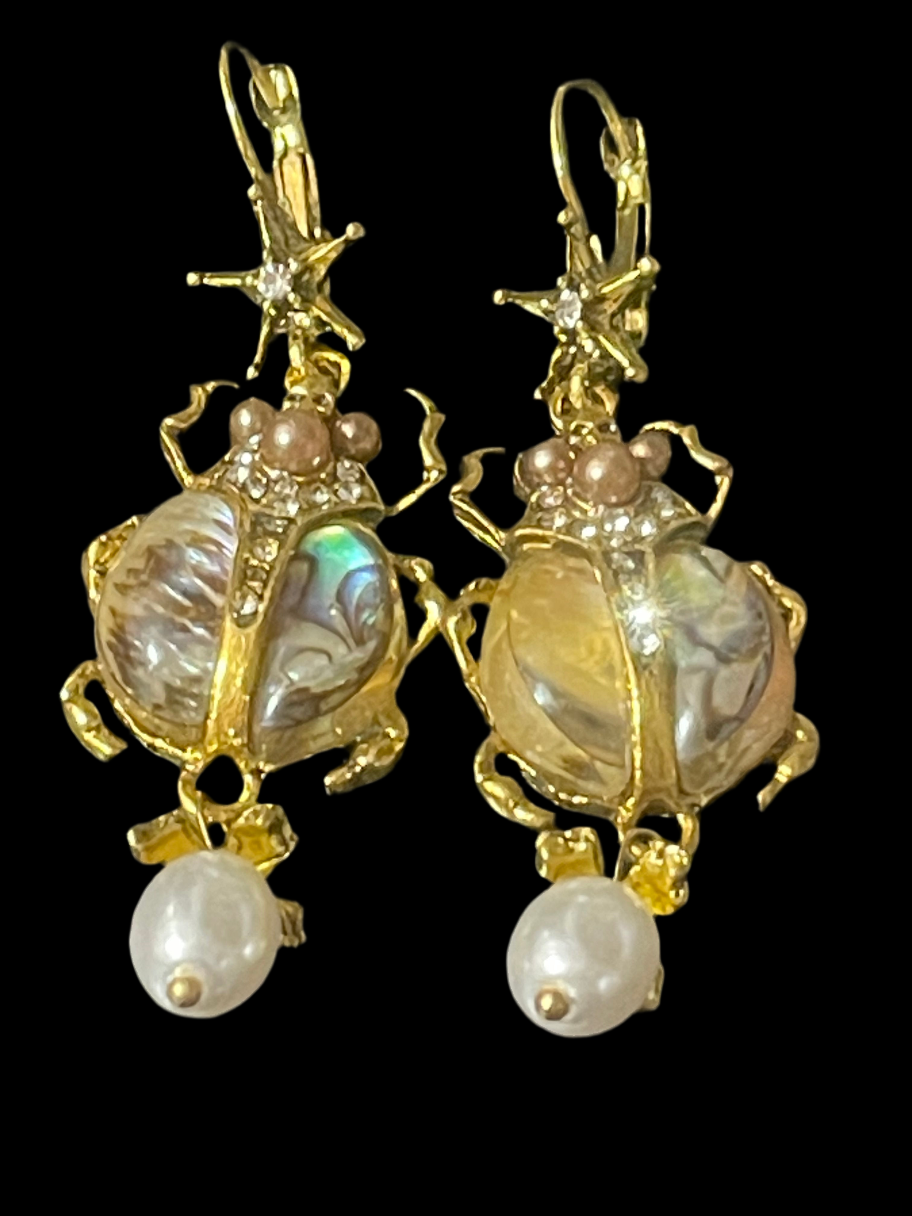 Abalone shell long faux pearl beetle insect earrings gold tone pierced