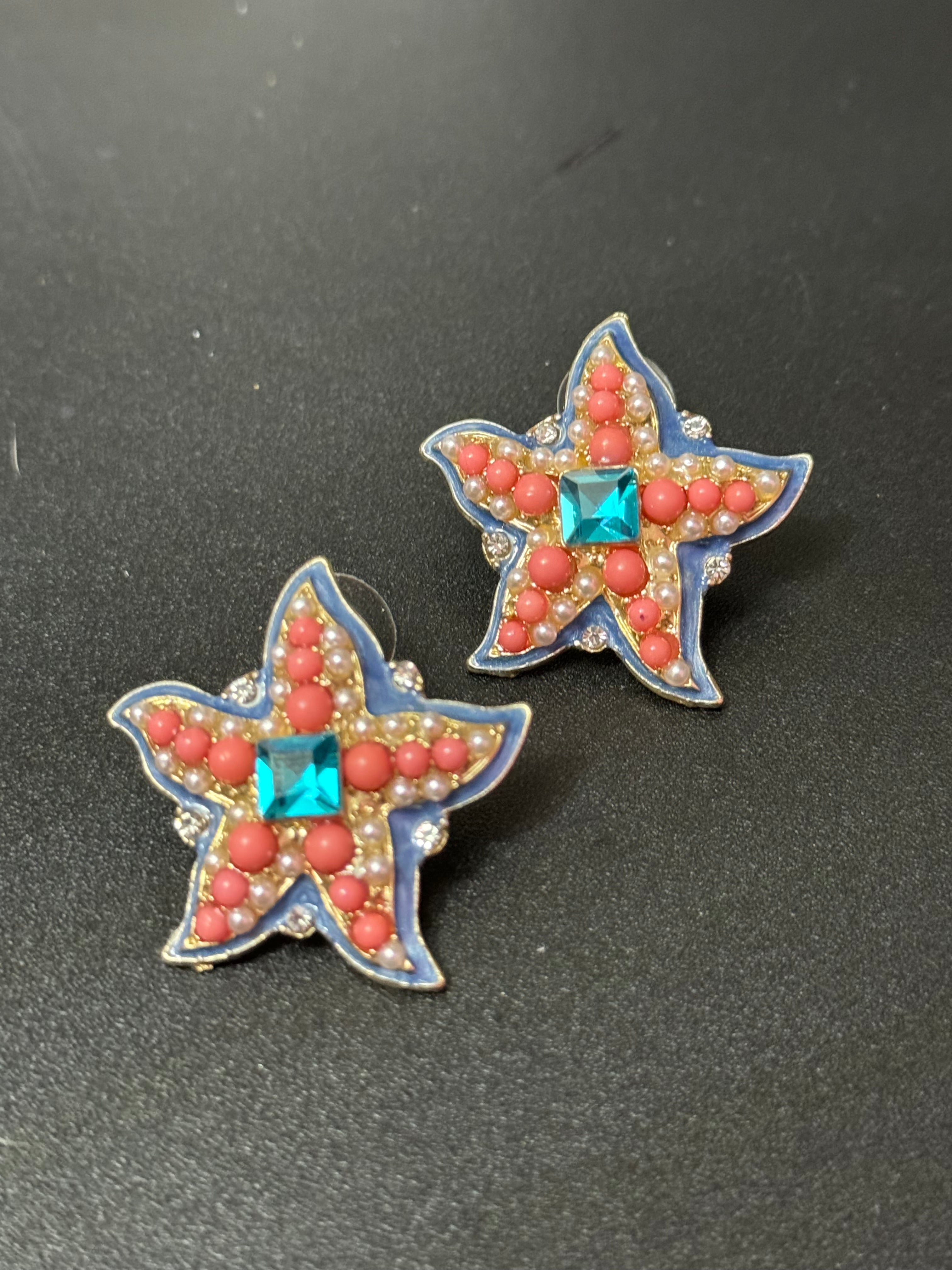 Oversized coral and turquoise starfish stud earrings