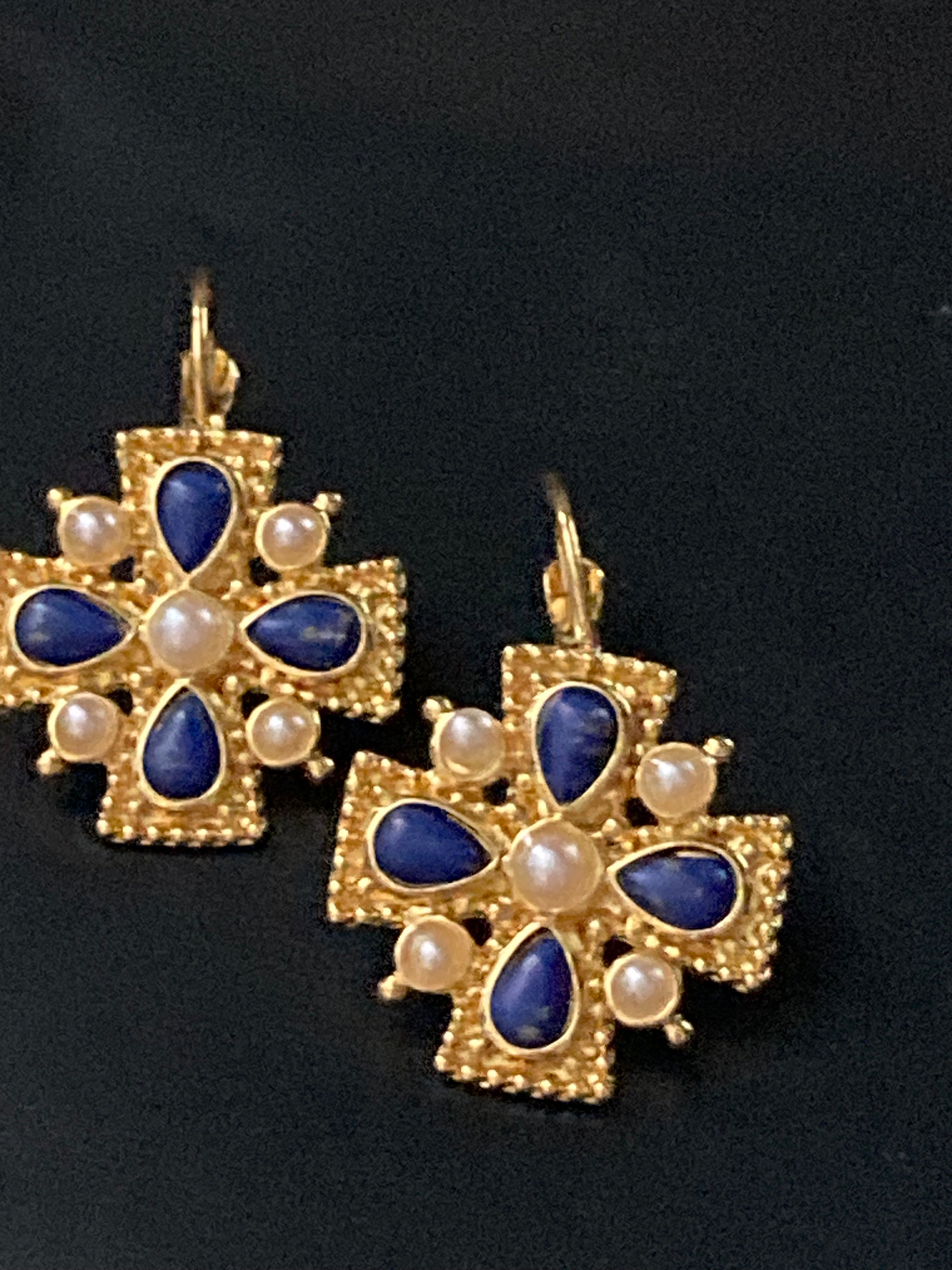 Etruscan medieval style Maltese cross lapis lazuli and pearl oversized drop earrings