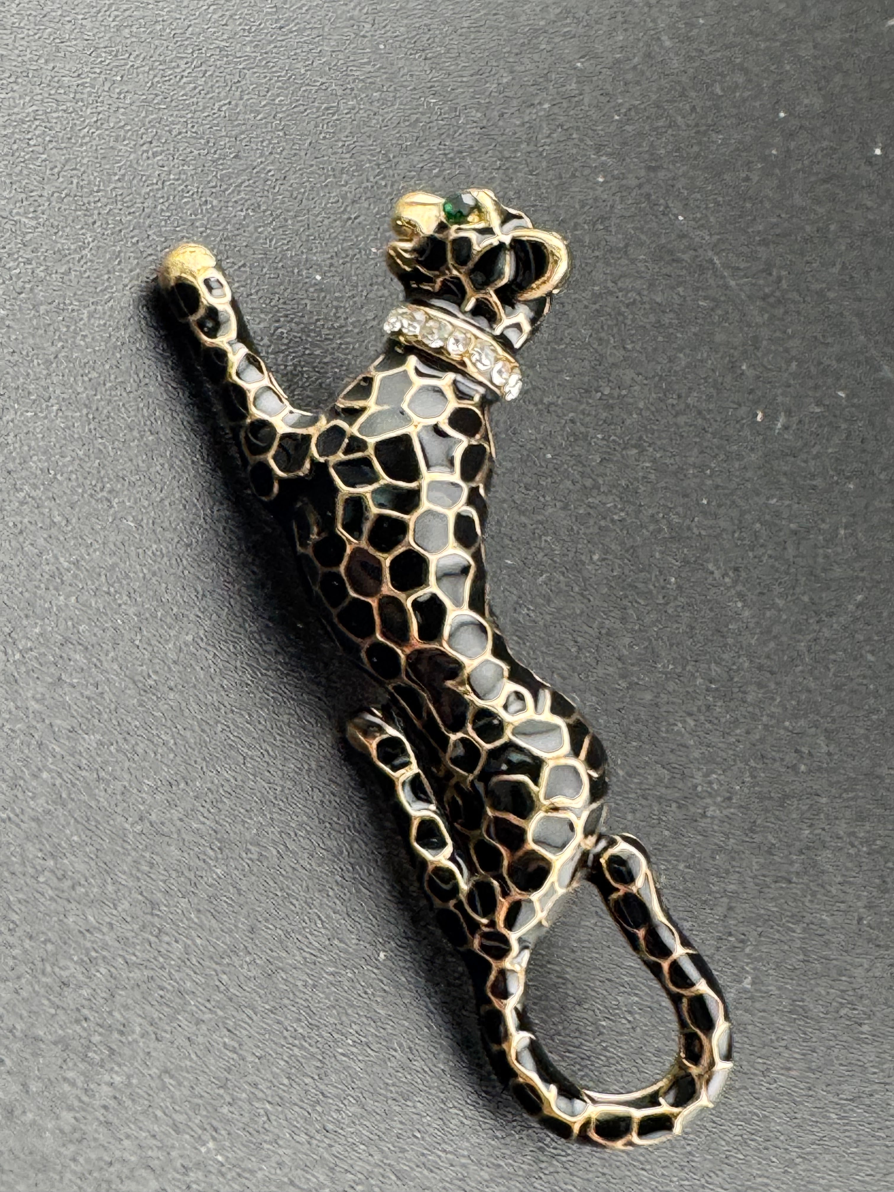 Black enamel crystal Big Cat leopard panther puma brooch gold tone