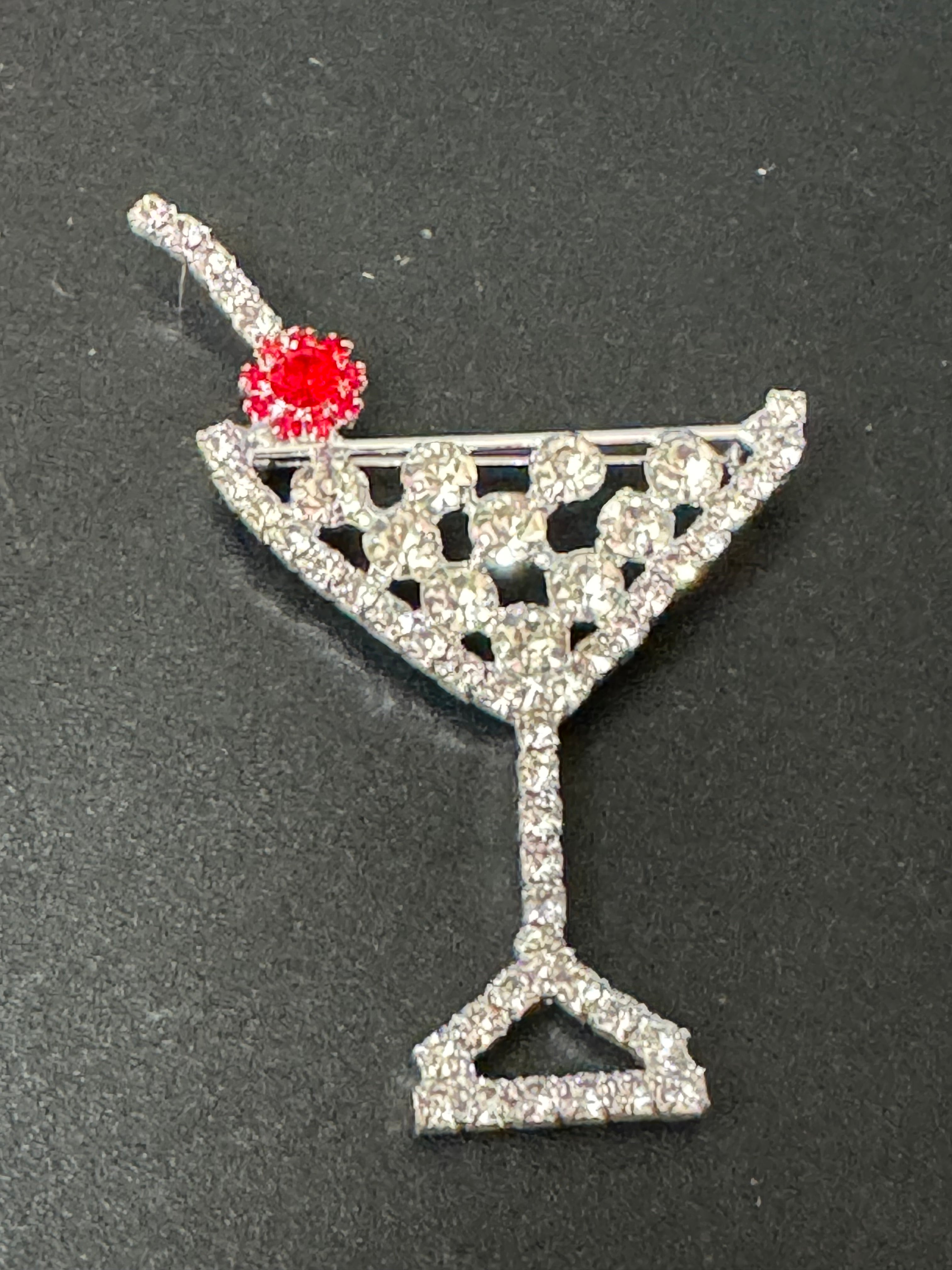 Champagne cocktail glass with red cherry diamanté Crystal brooch silver tone