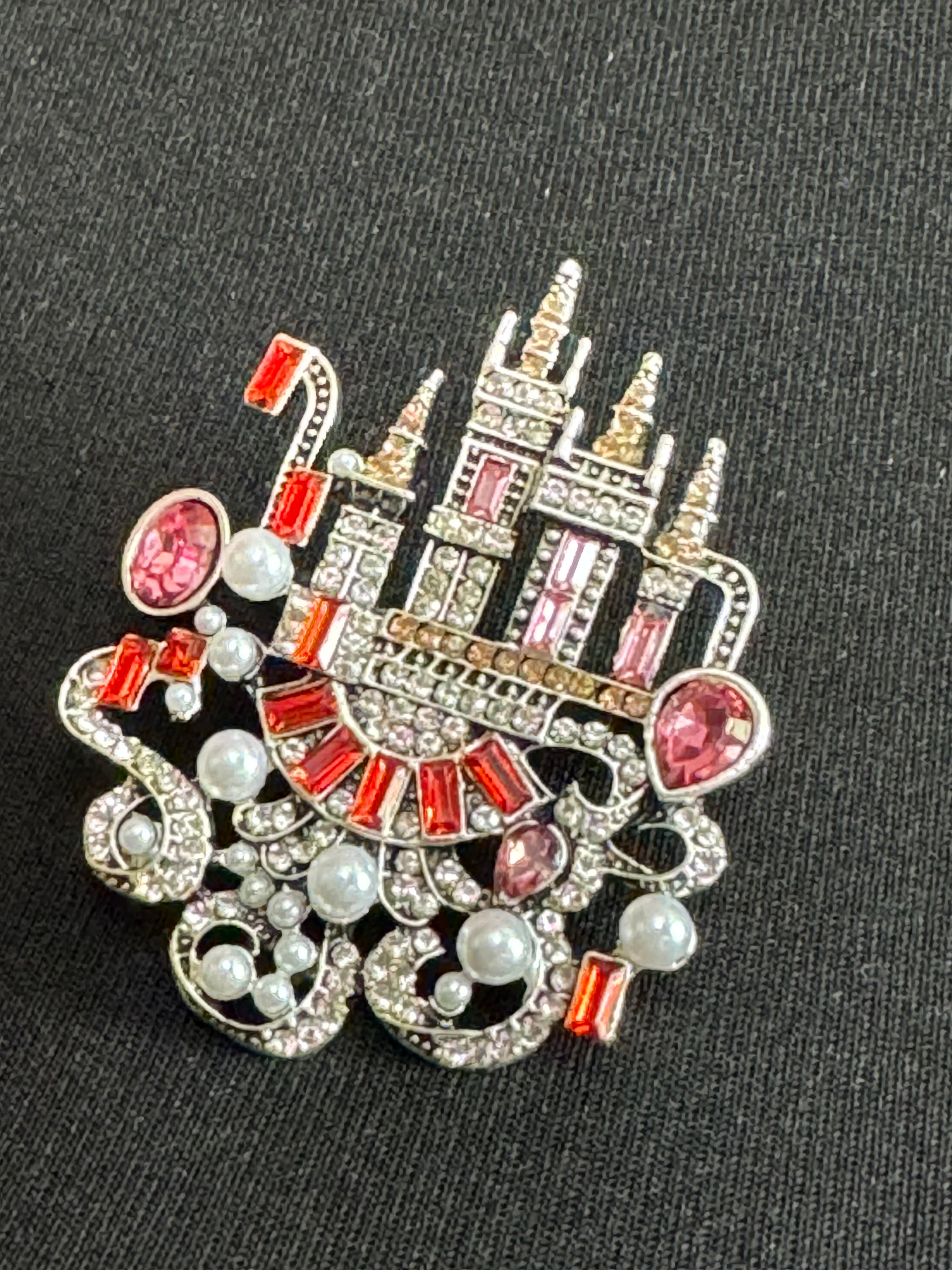 Pink Fairy princess castle brooch Crystal diamanté