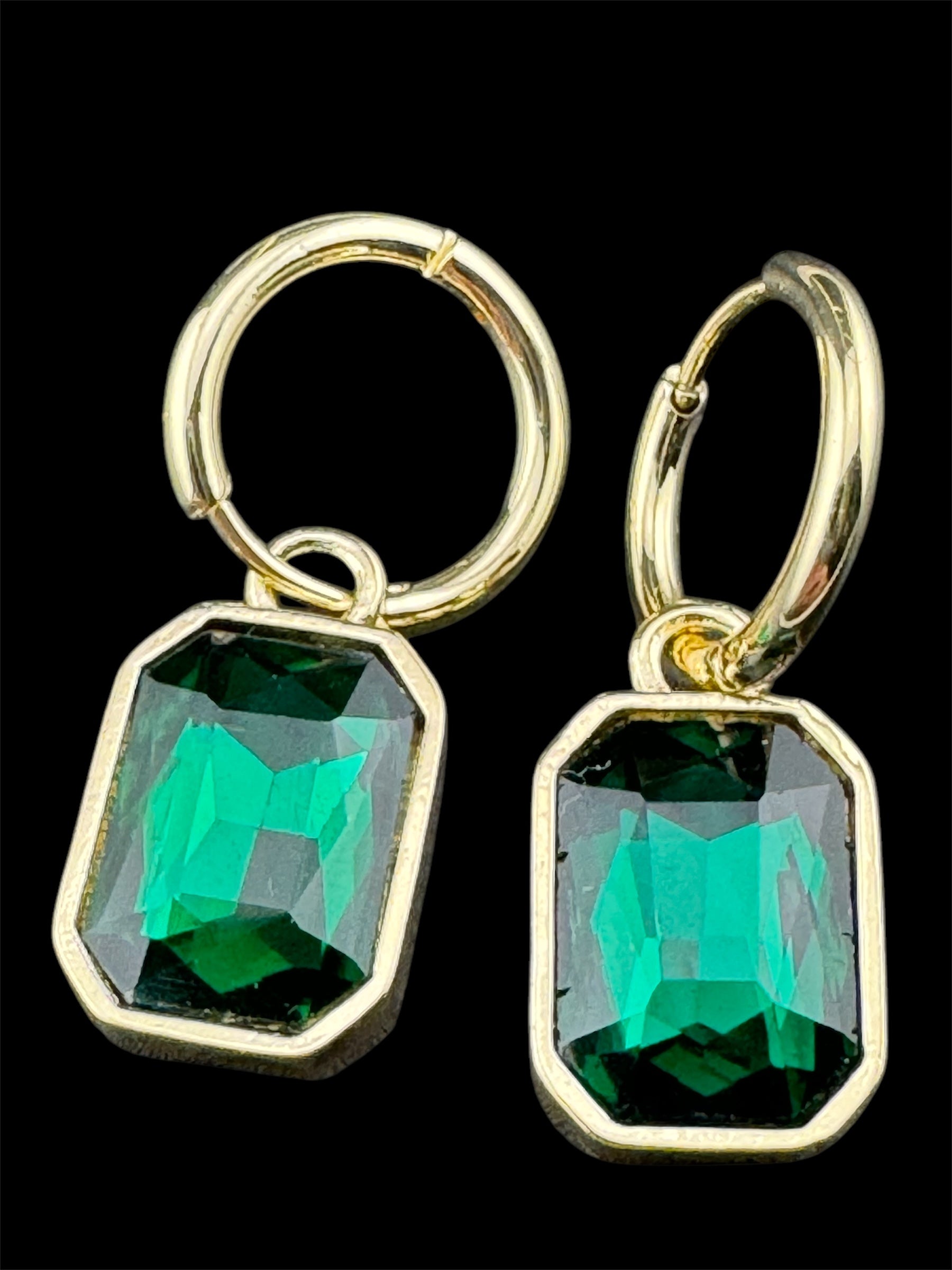 Emerald green diamond glass crystal octagonal charm small hoop earrings pierced, gold plated