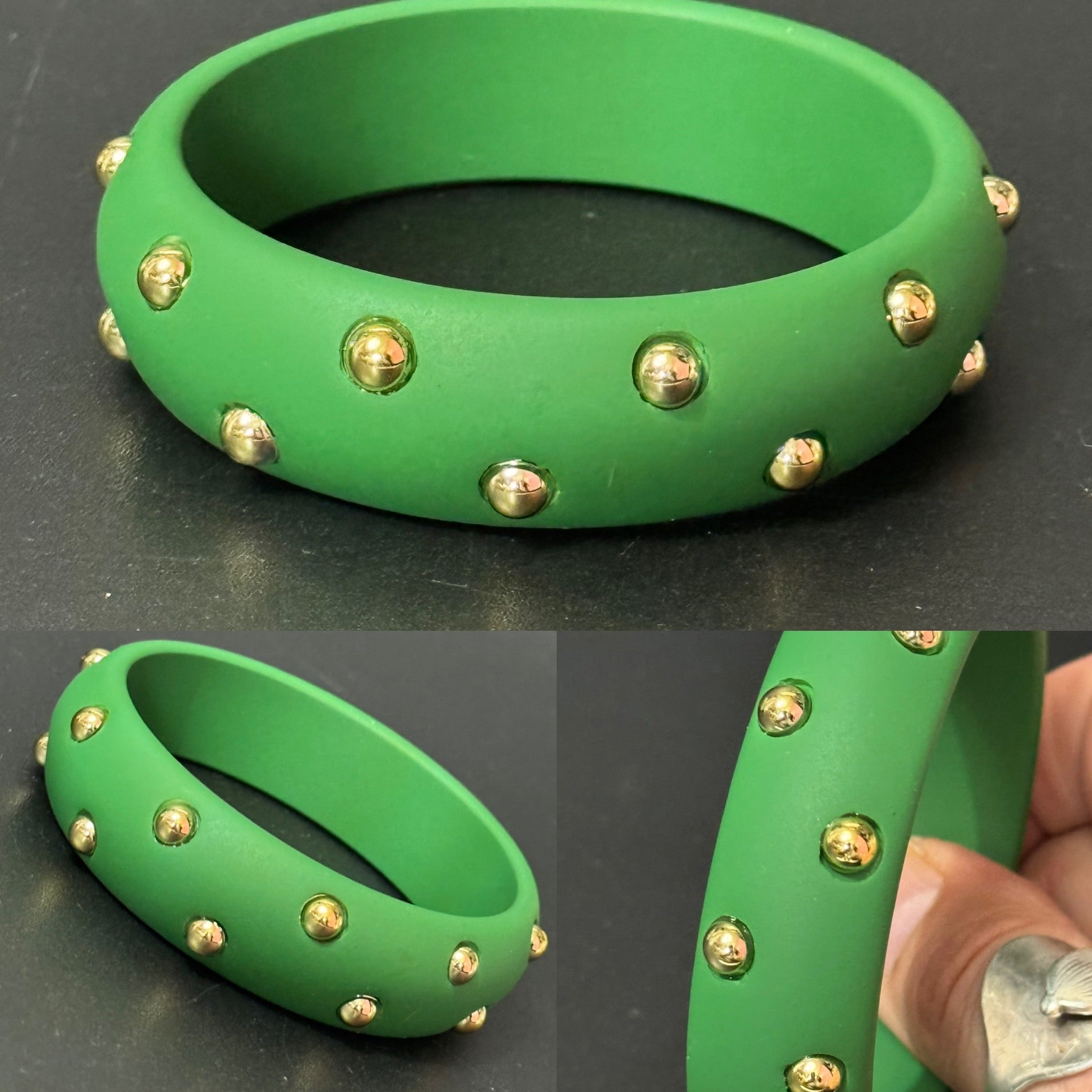 Bright Matt Green gold metal studded wide plastic bangle