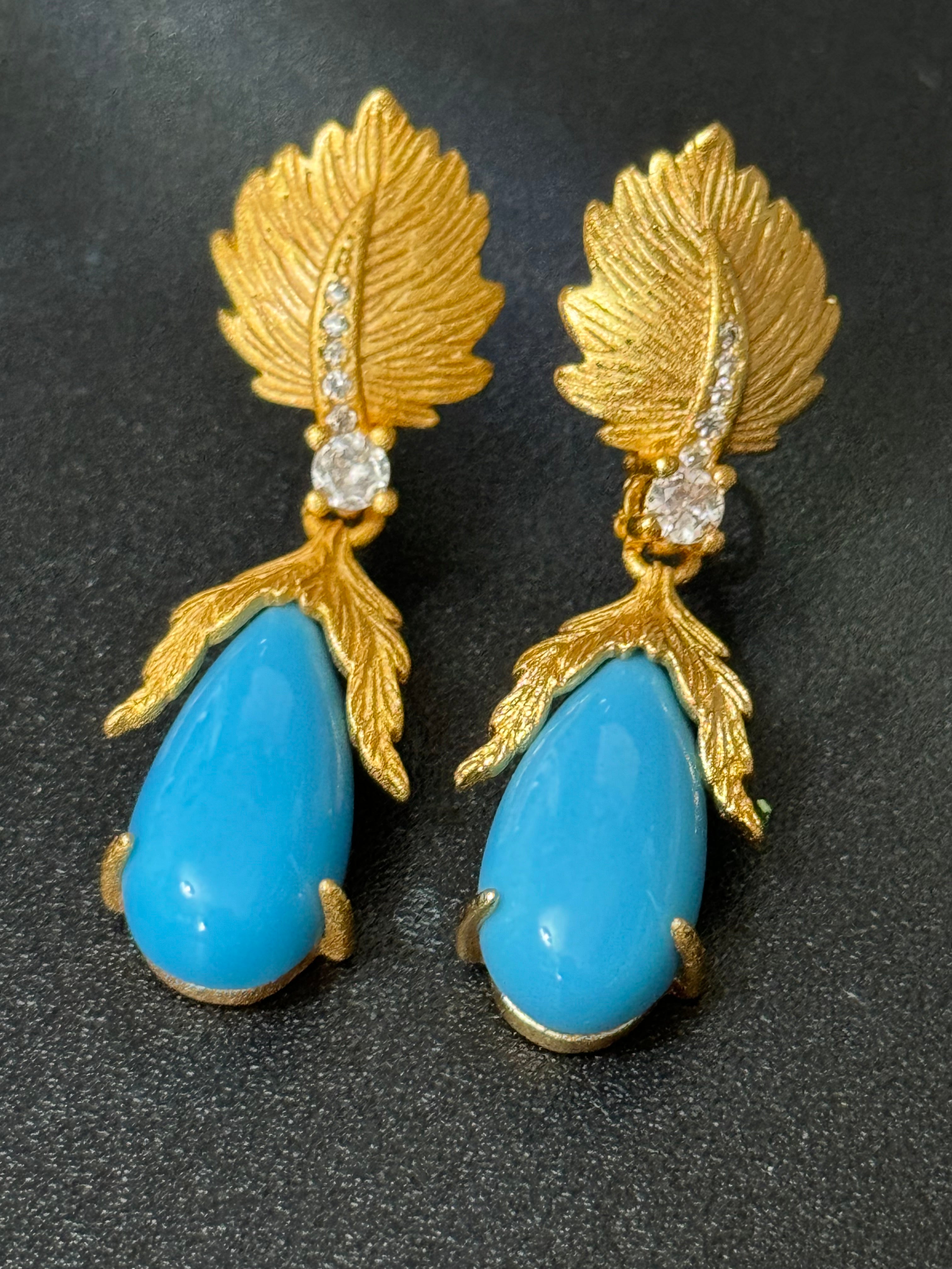 High end Antique Etruscan style gold tone faux turquoise teardrop earrings