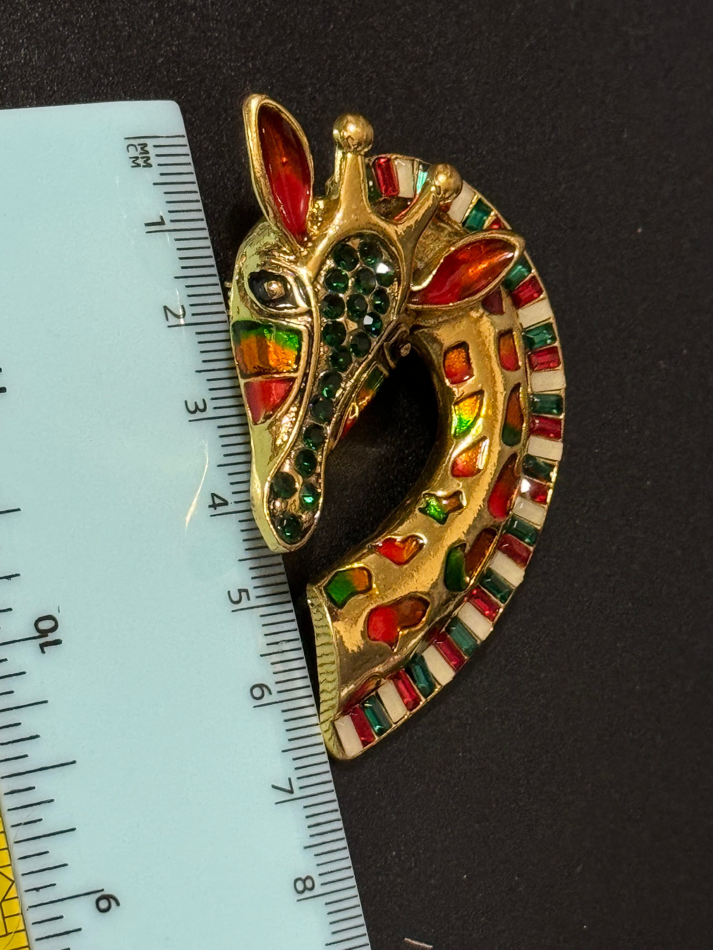 Large gold giraffe brooch orange and green enamel and black diamanté