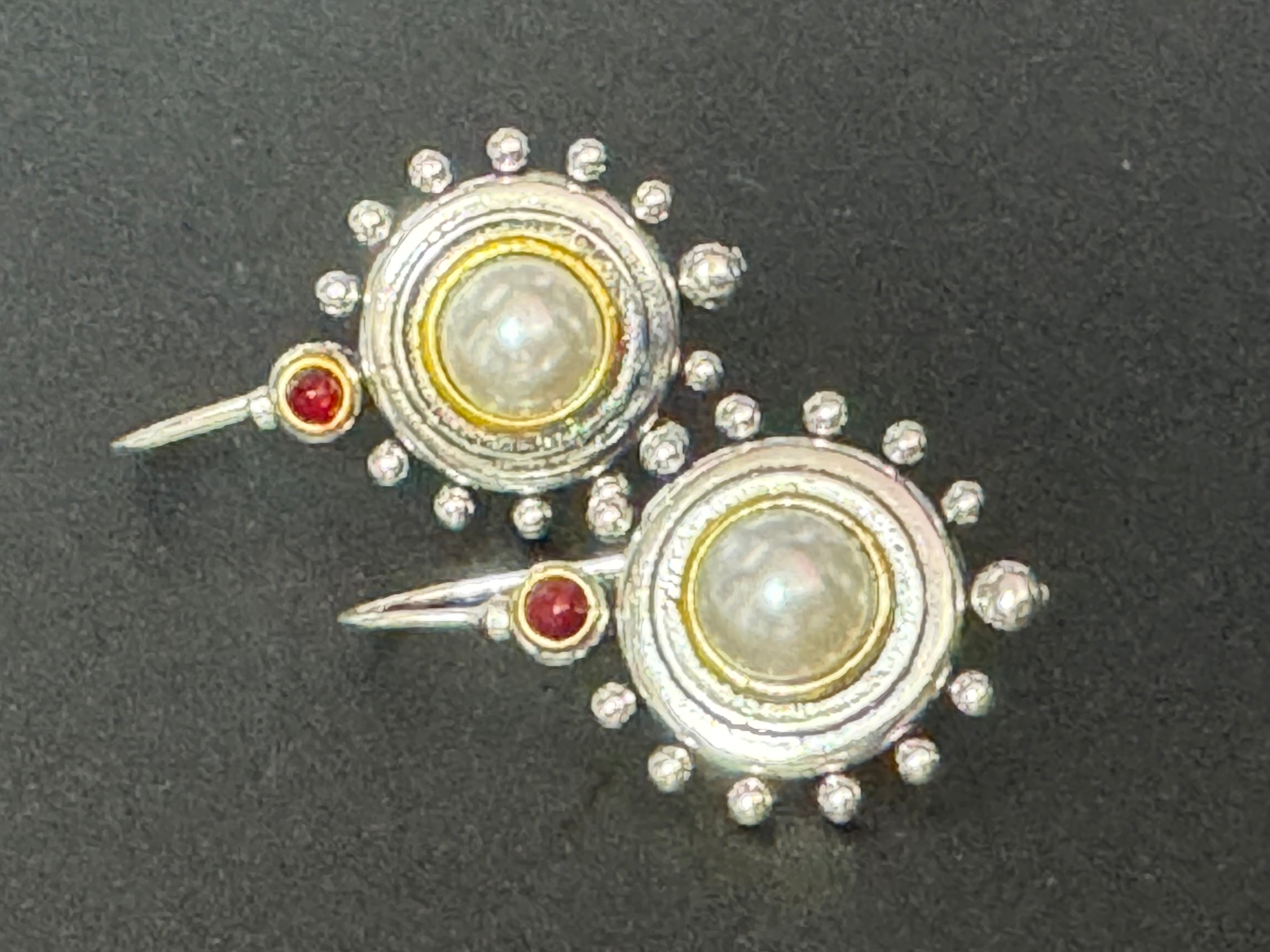 Etruscan silver tone medieval style faux pearl and ruby drop earrings