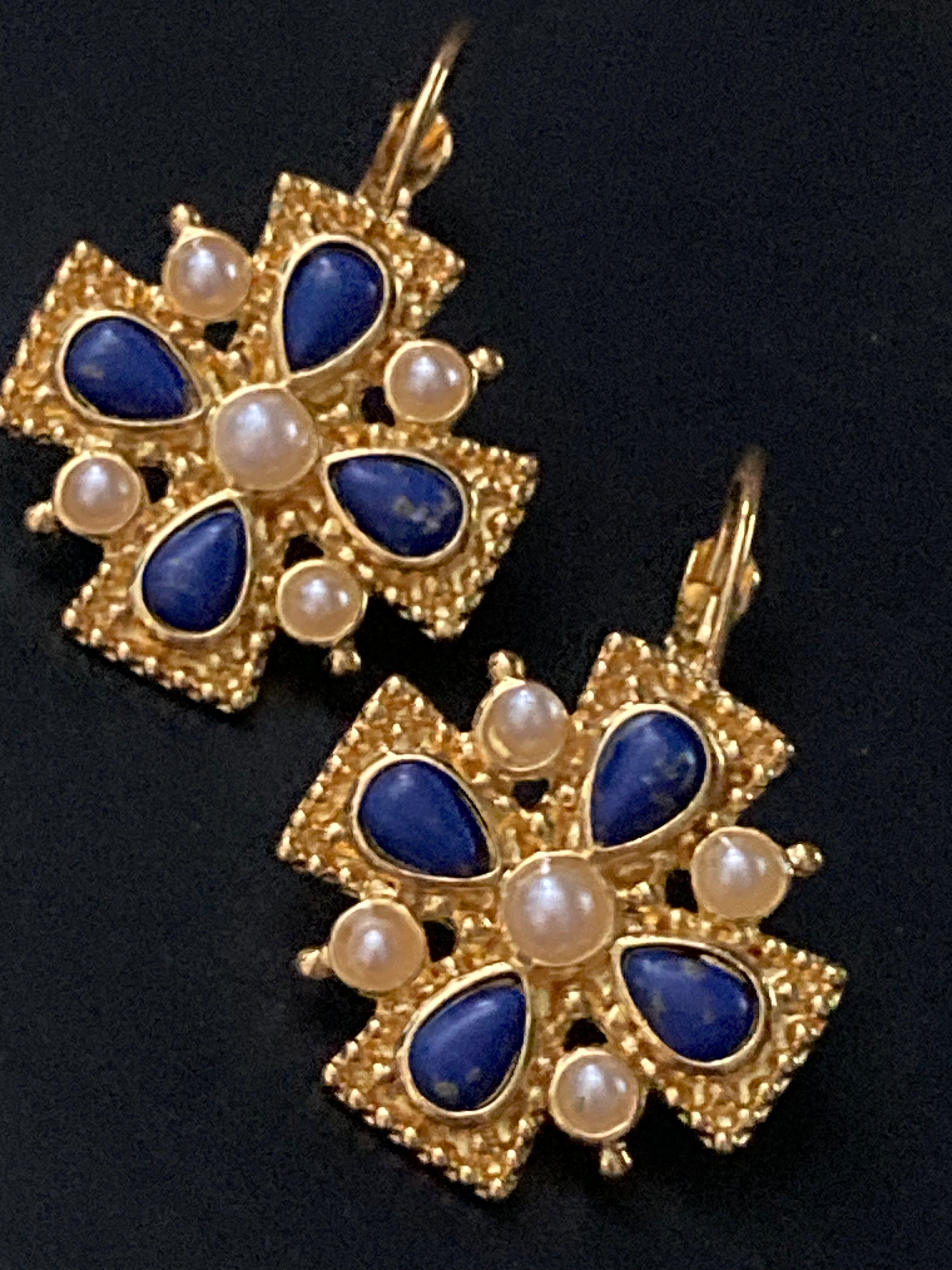 Etruscan medieval style Maltese cross lapis lazuli and pearl oversized drop earrings