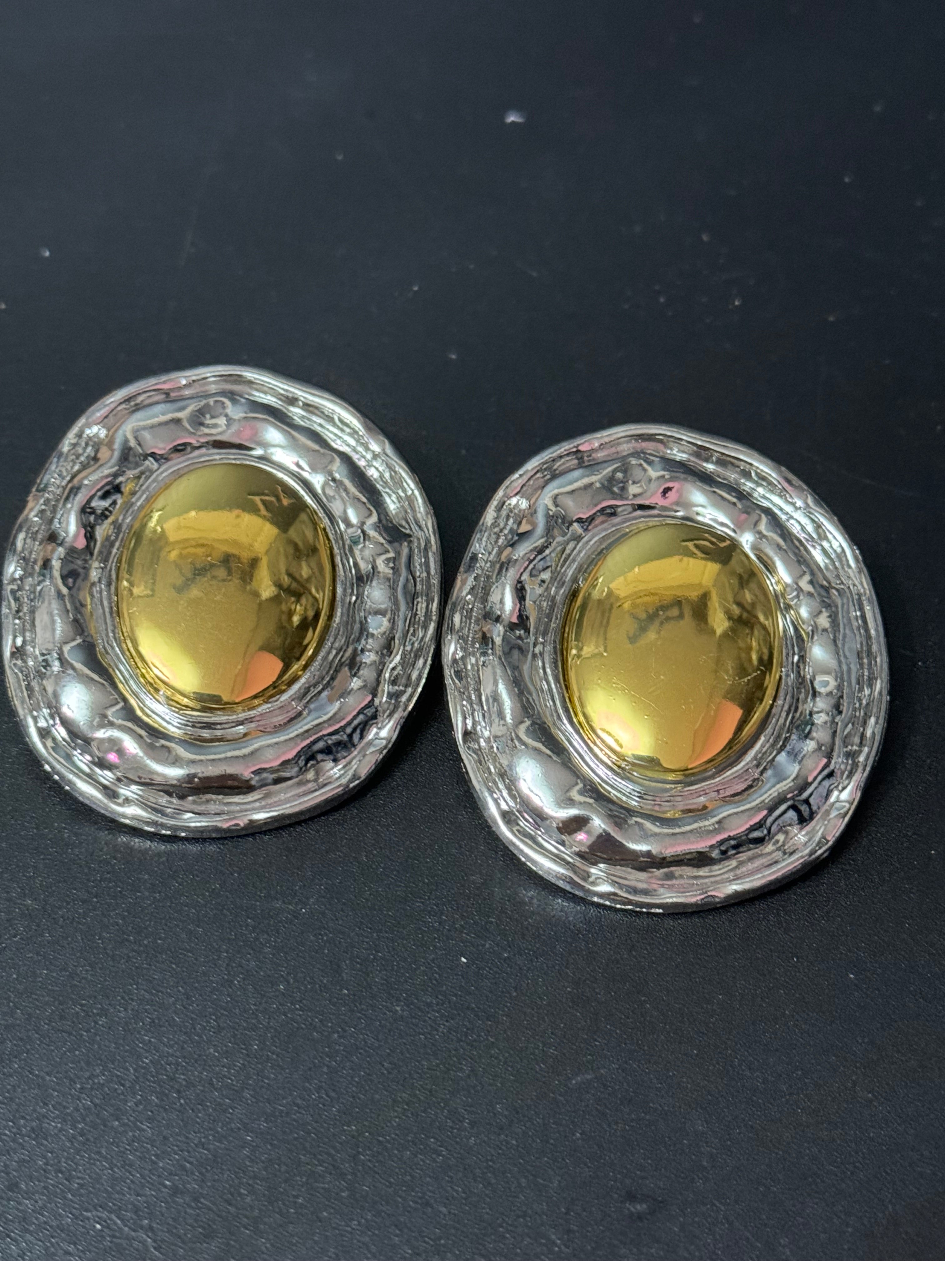 Oversized huge silver and gold tone statement Textured oval pierced stud earrings