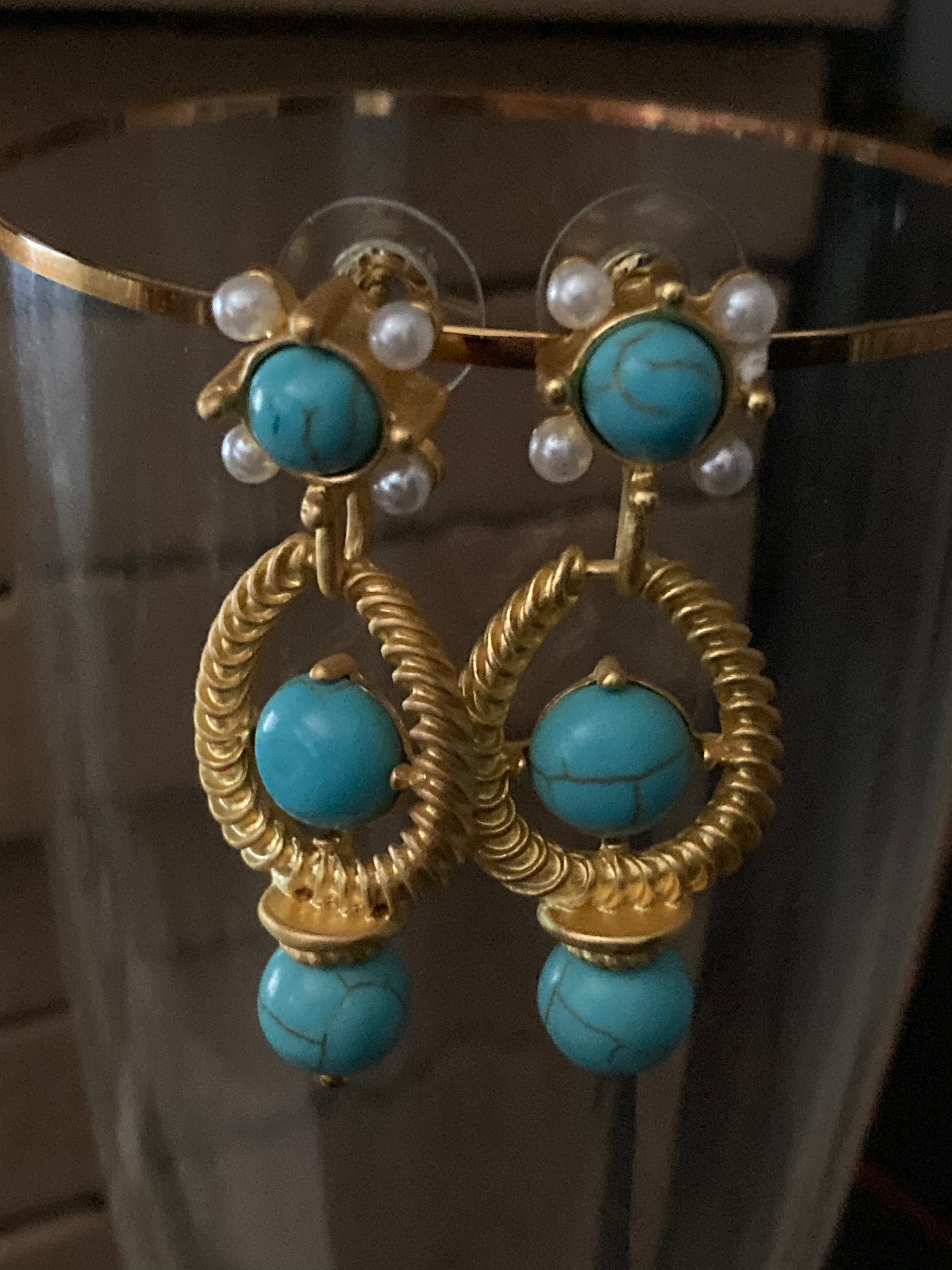 Etruscan style gold tone faux turquoise and pearl drop earrings