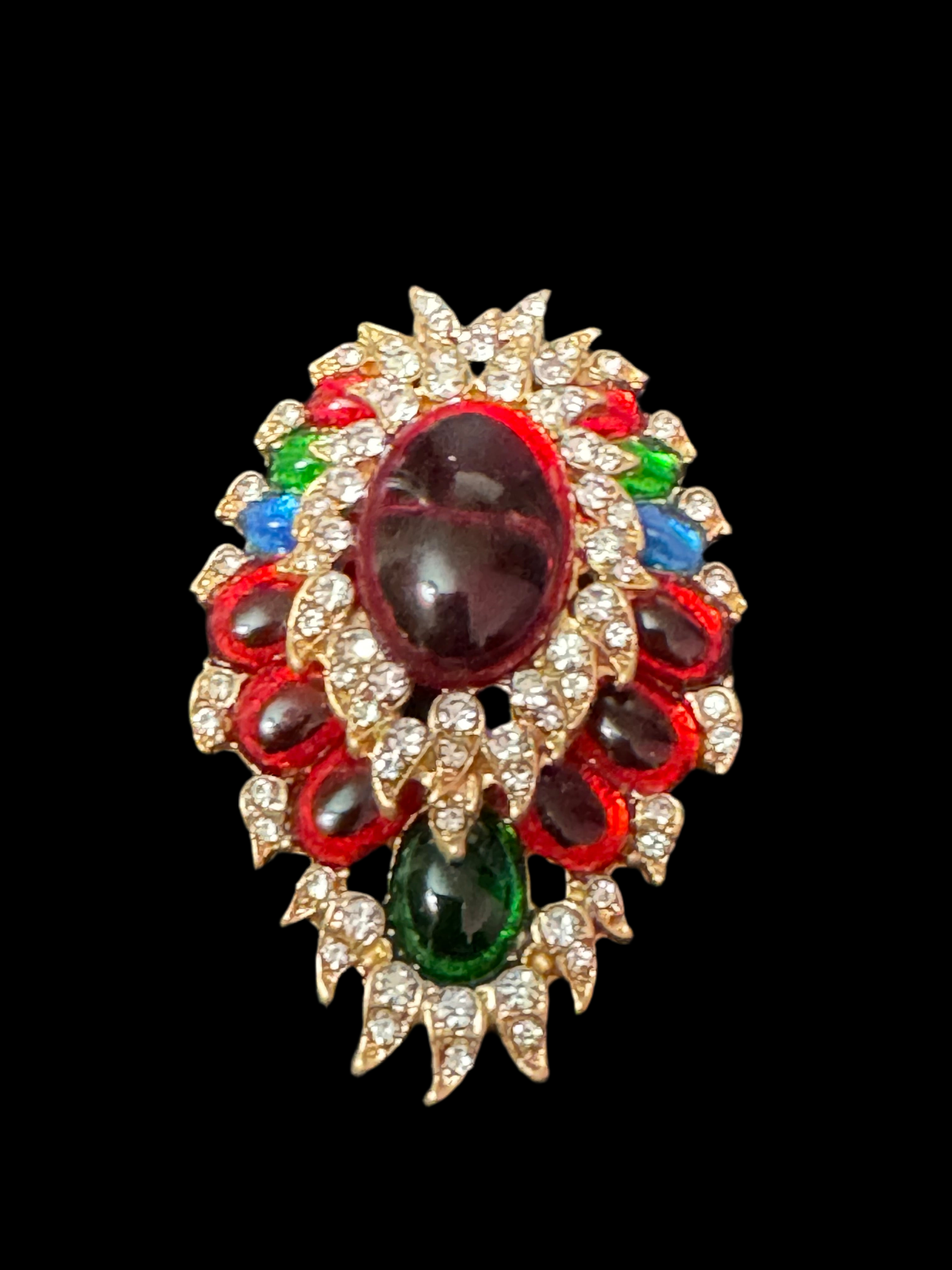 Large diamanté red green blue oval cabochon brooch Gripoix style