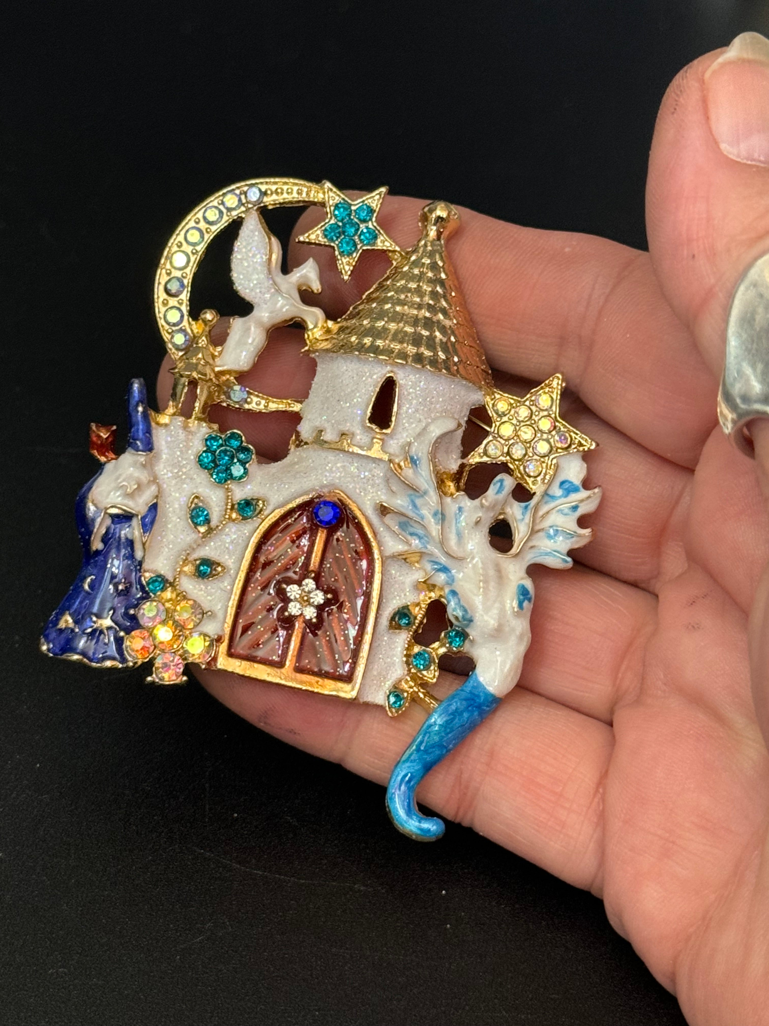 Large Magical wizards and dragons castle fantasy brooch Crystal white enamel