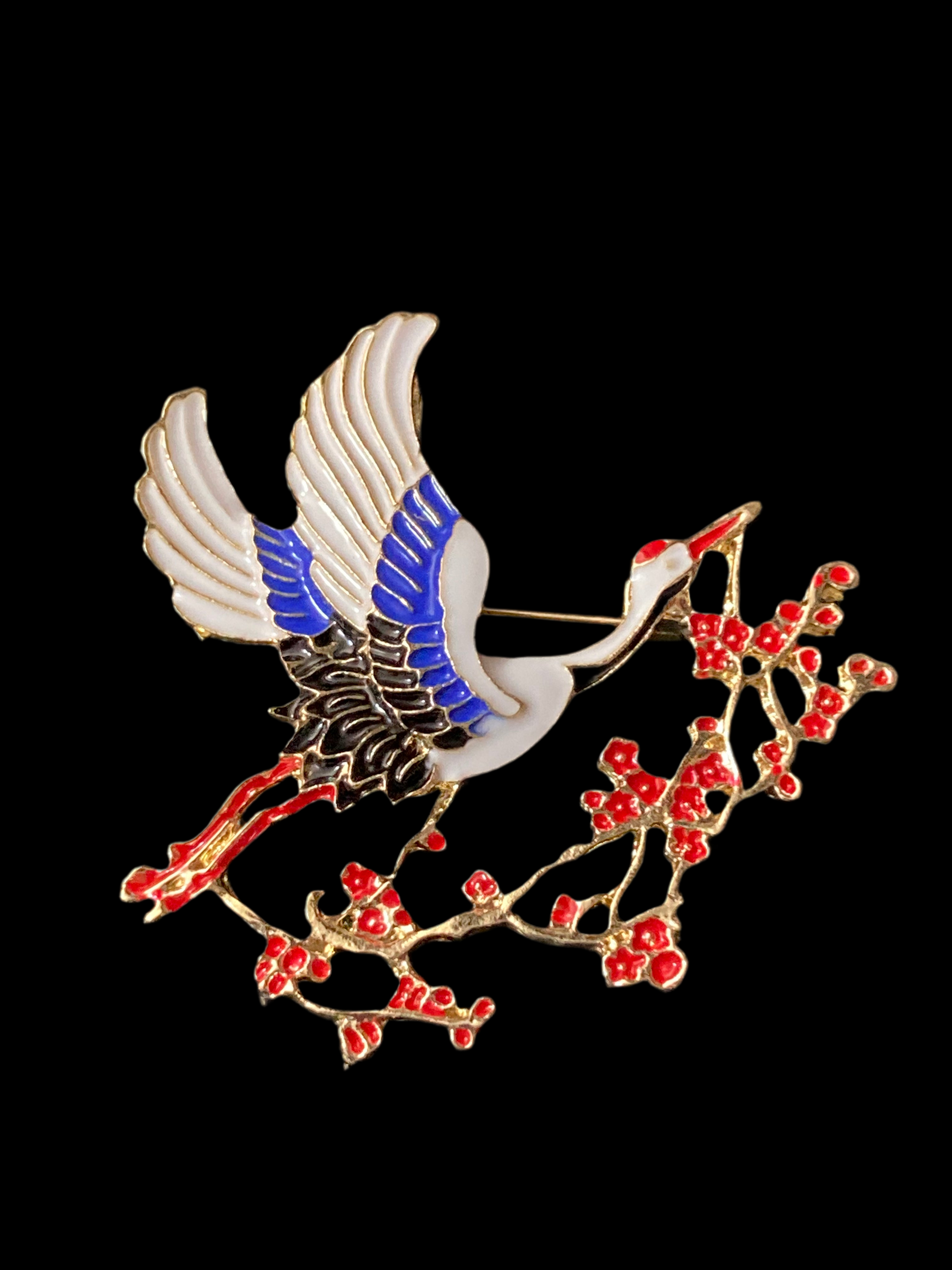 Japanese crane enamel brooch black