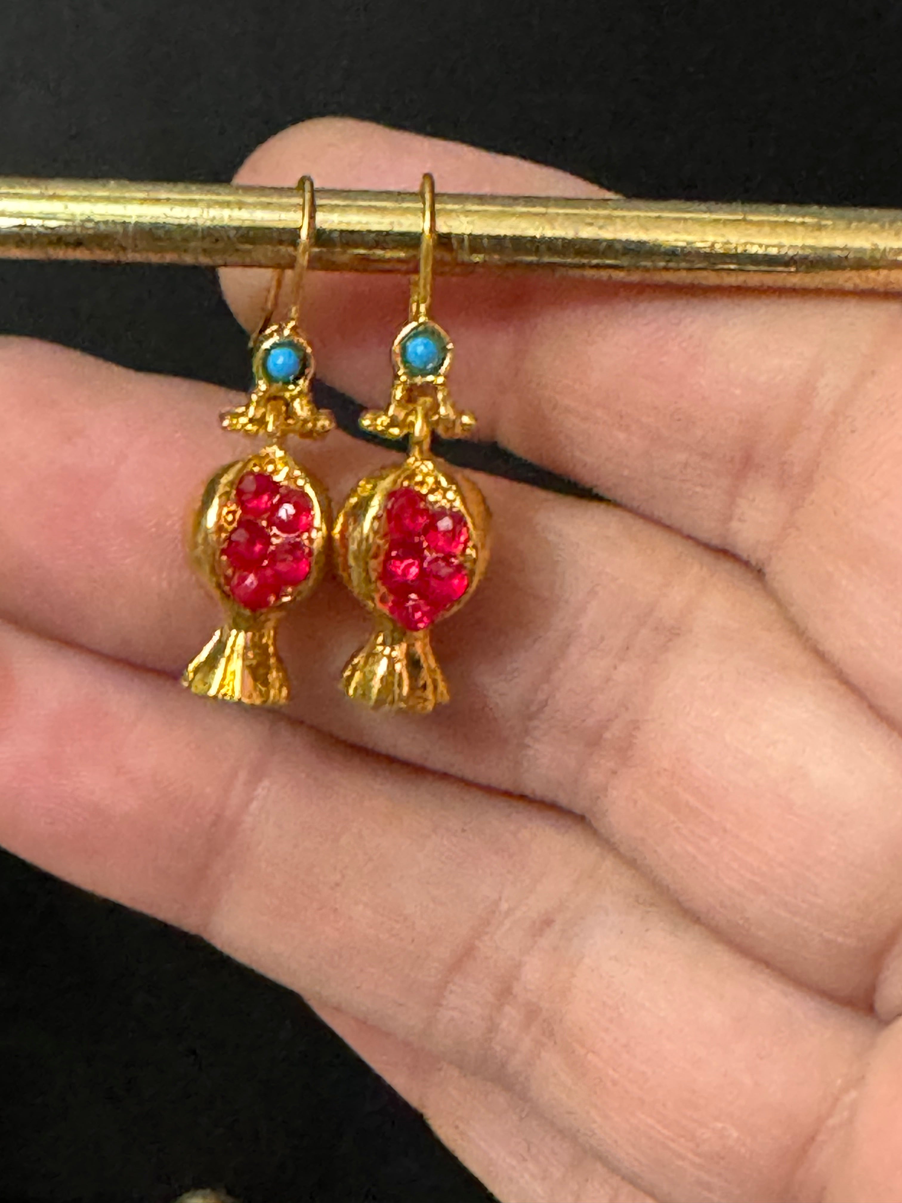 Small red and gold plated quirky pomegranate Christmas fruit earrings pierced