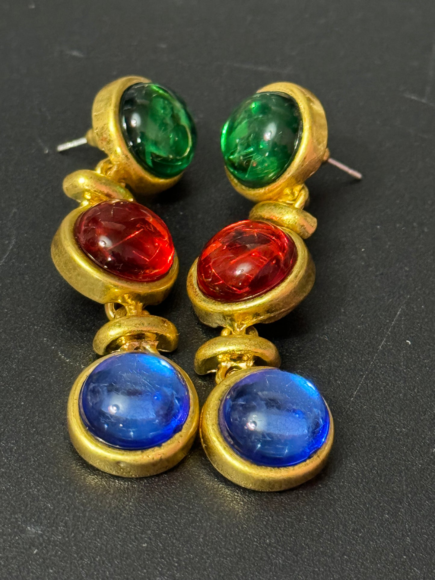 Gold gripoix style emerald ruby sapphire drop earrings