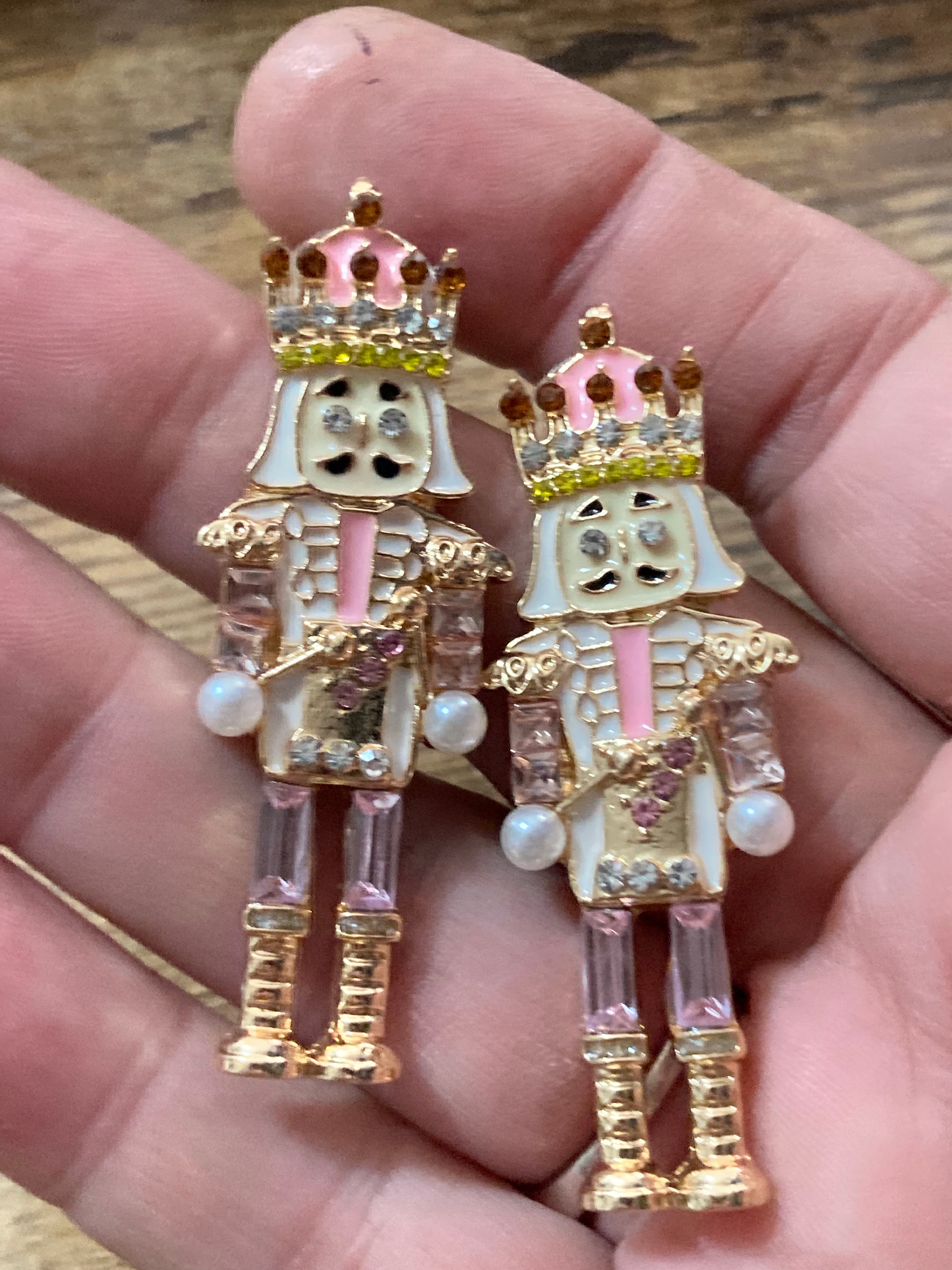 Christmas baby pink pearl and diamanté nutcracker man soldier earrings