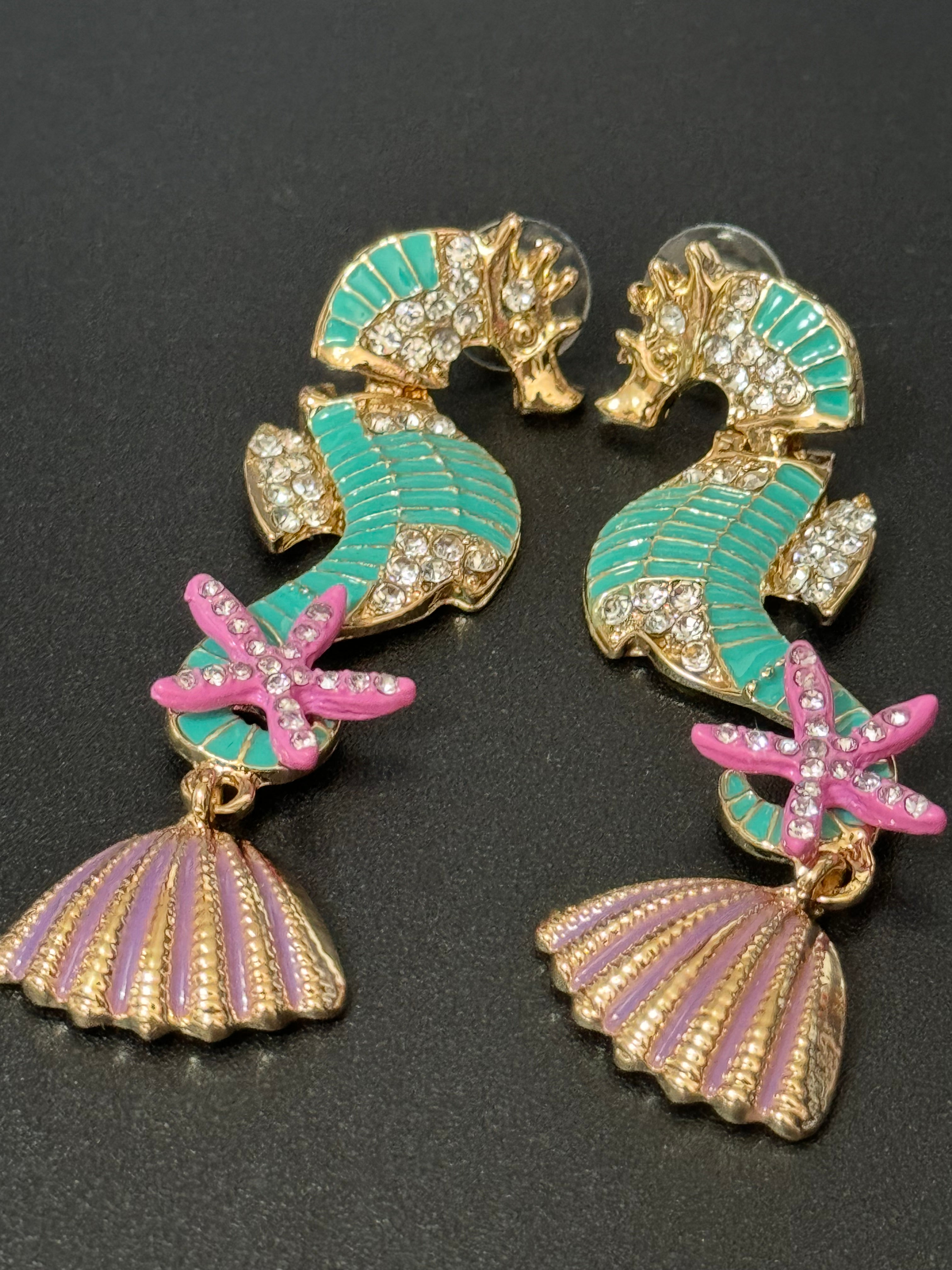 Large mint green and pink crystal seahorse earrings