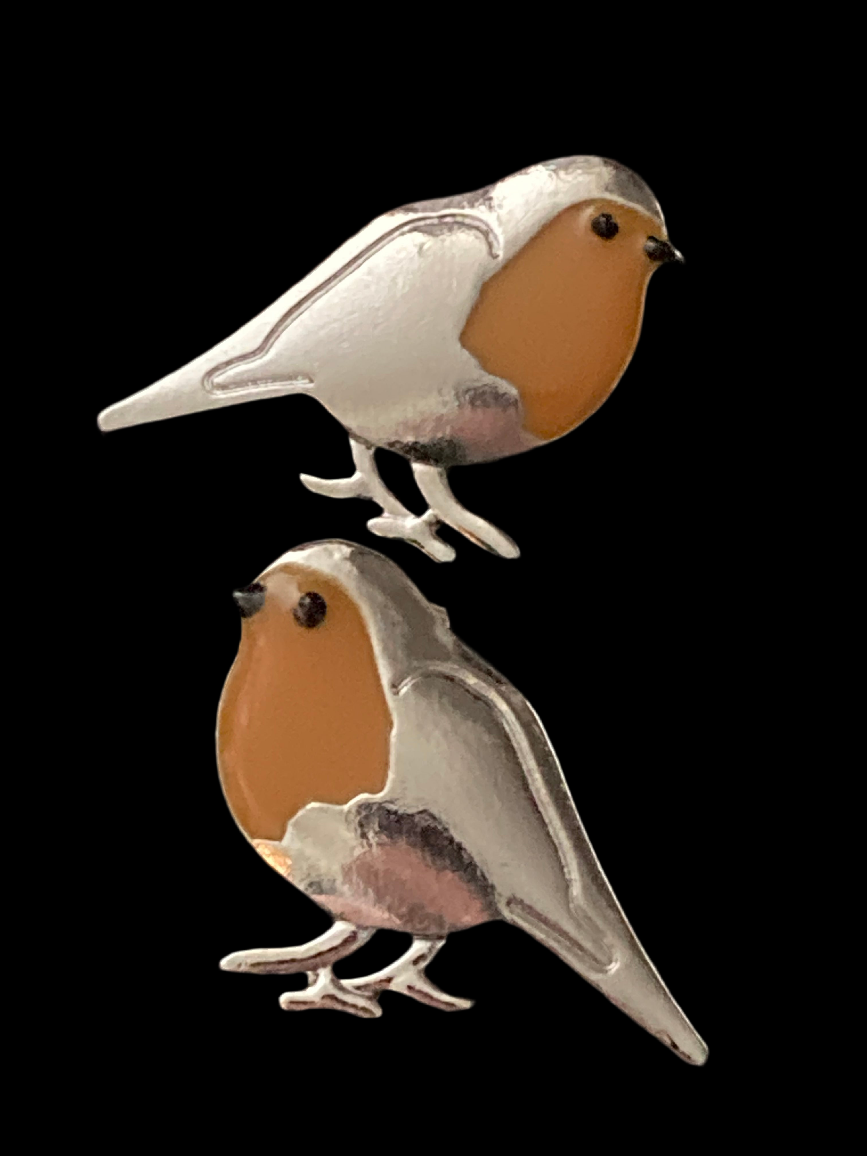 Large Robin earrings redbreast silver tone studs 3.5 cm red orange enamel for pierced ears