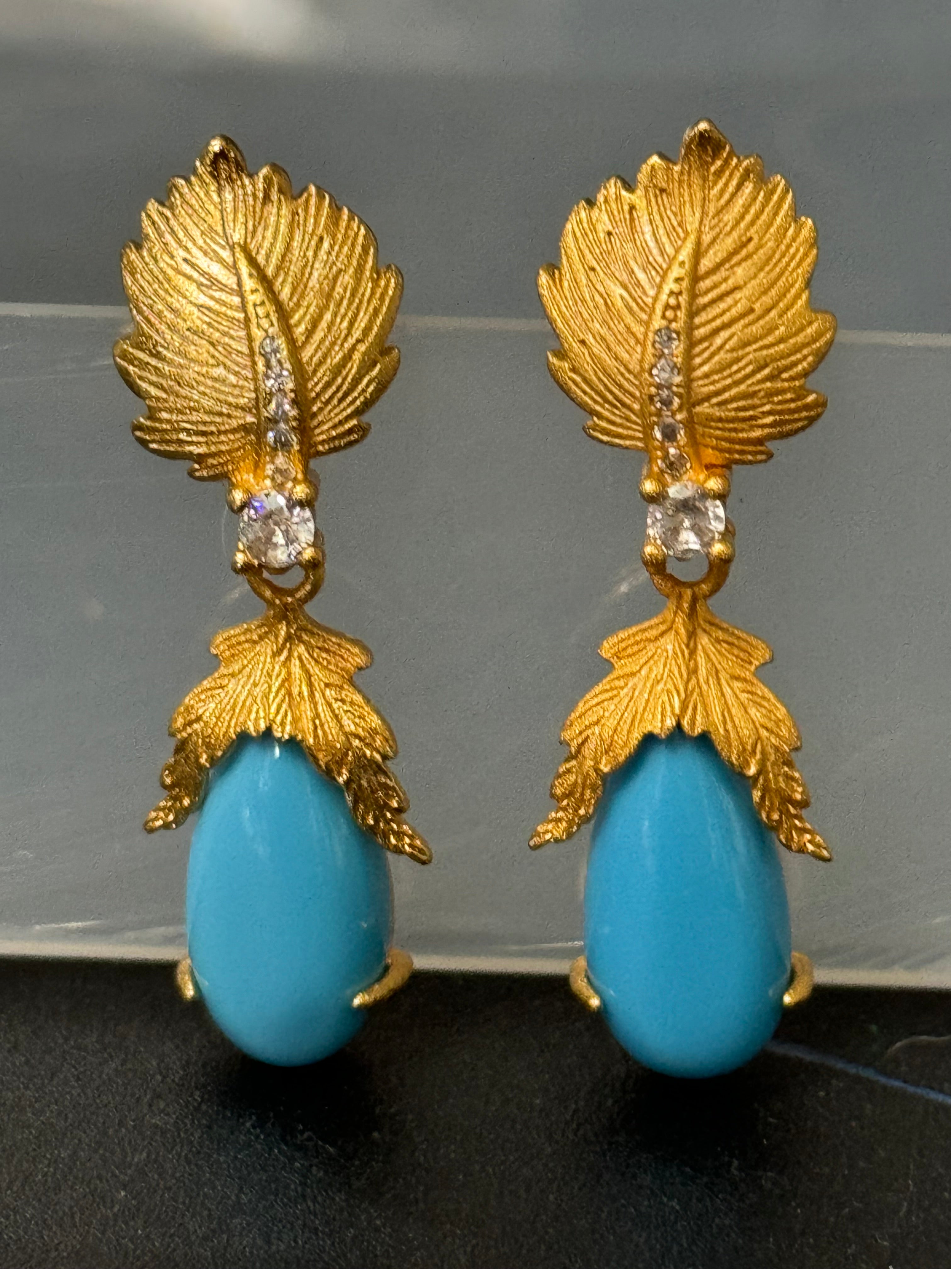 High end Antique Etruscan style gold tone faux turquoise teardrop earrings