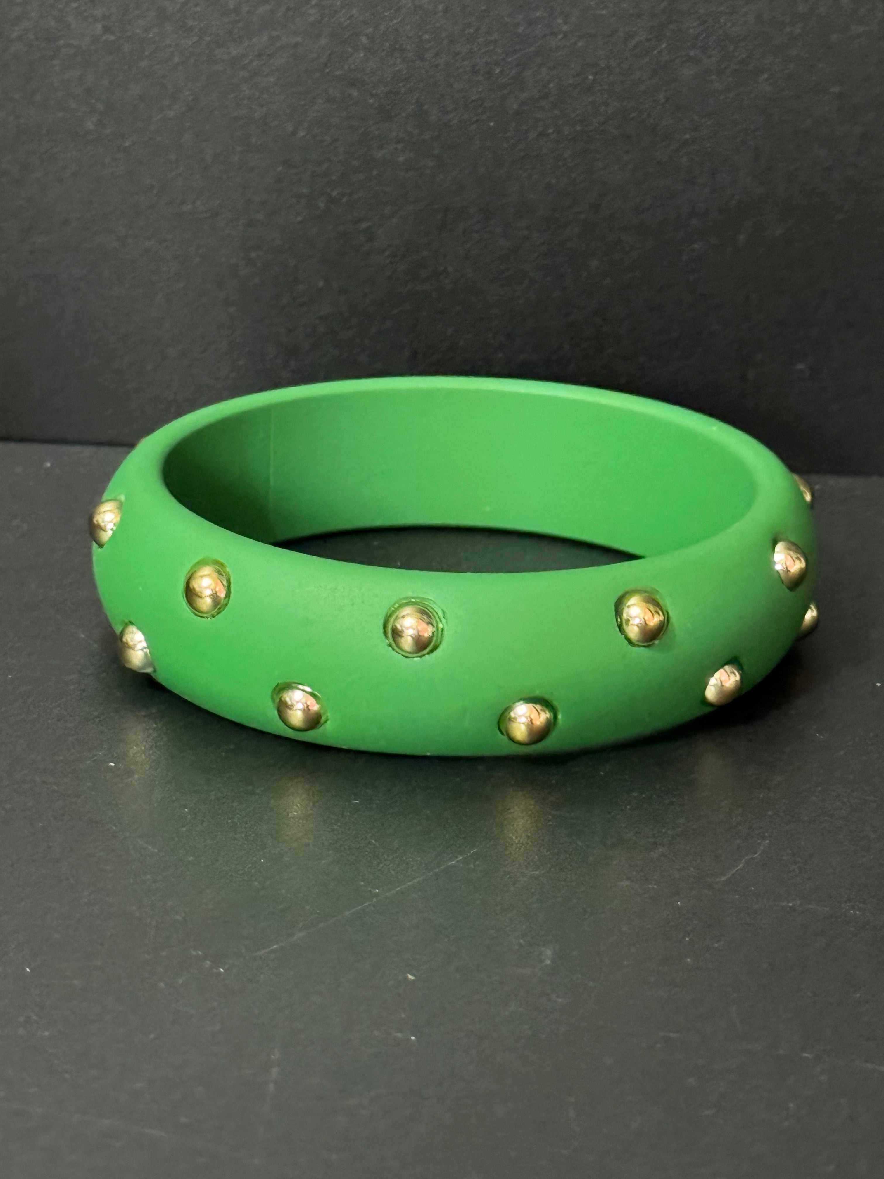 Bright Matt Green gold metal studded wide plastic bangle