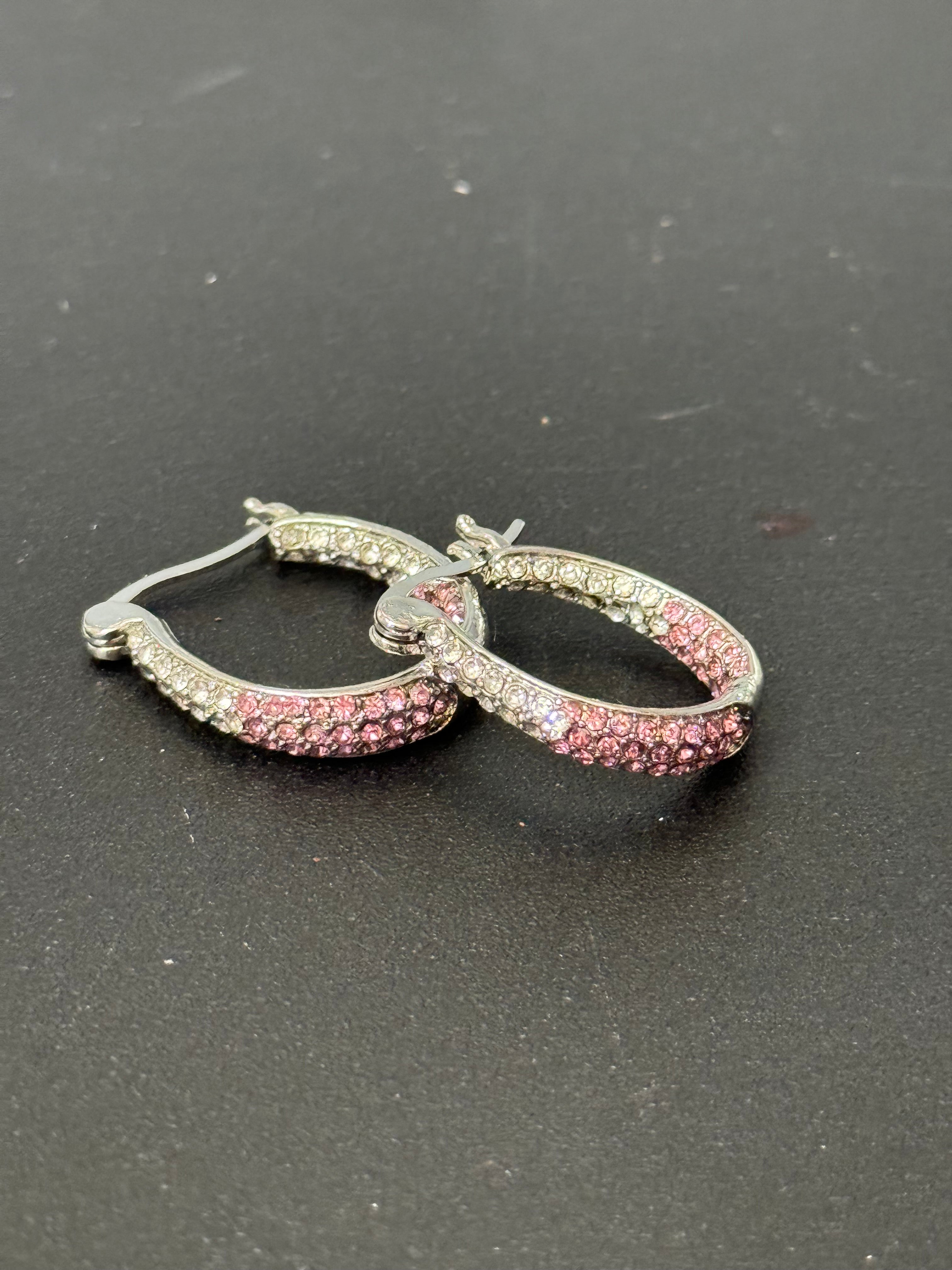 Pink & clear diamanté Crystal silver tone  small oval hoop earrings