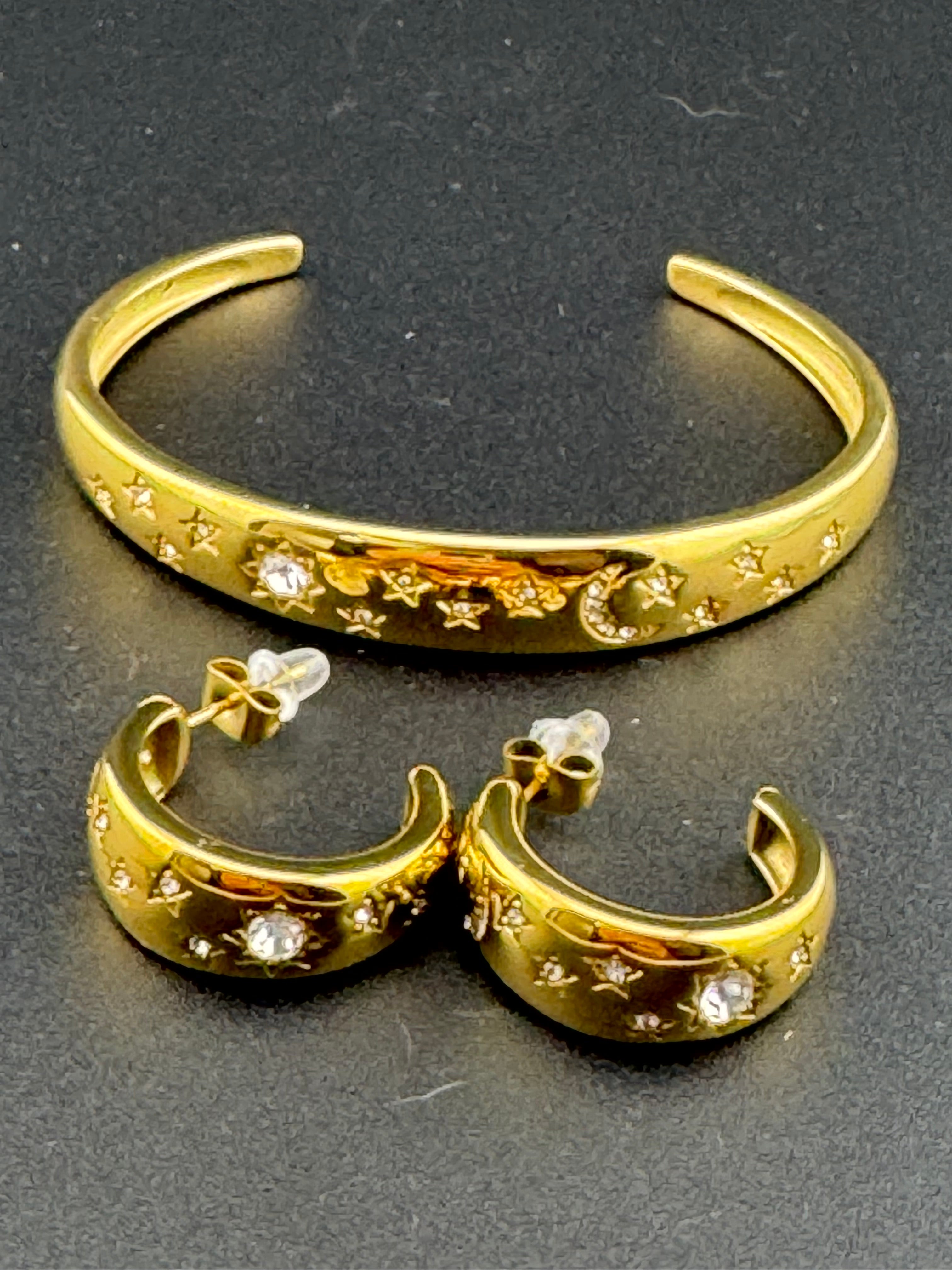 Gold plated Clear diamante moon and star cut CZ diamanté small wide hoop earrings