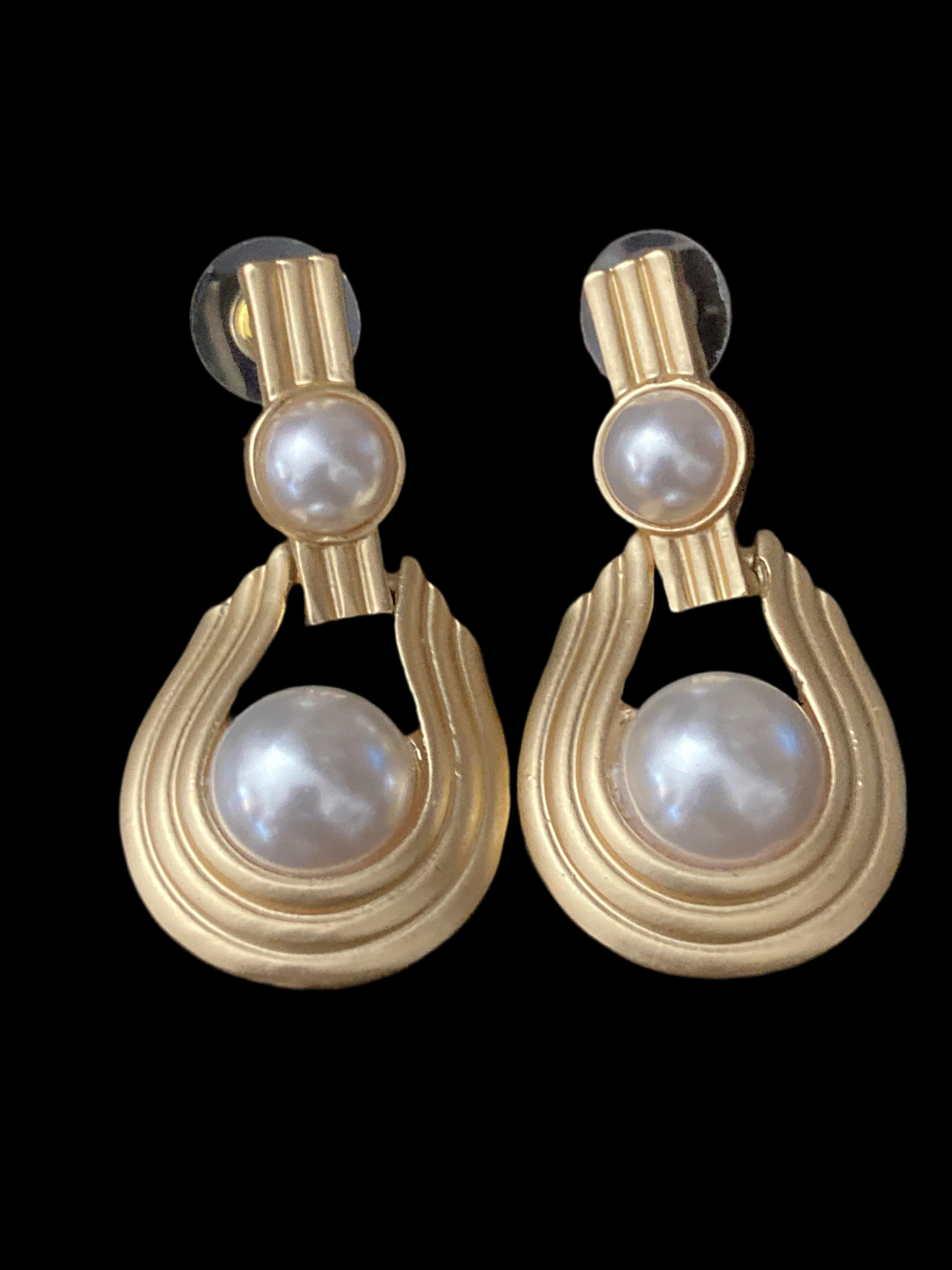 Modernist Etruscan pearl drop earrings gold tone