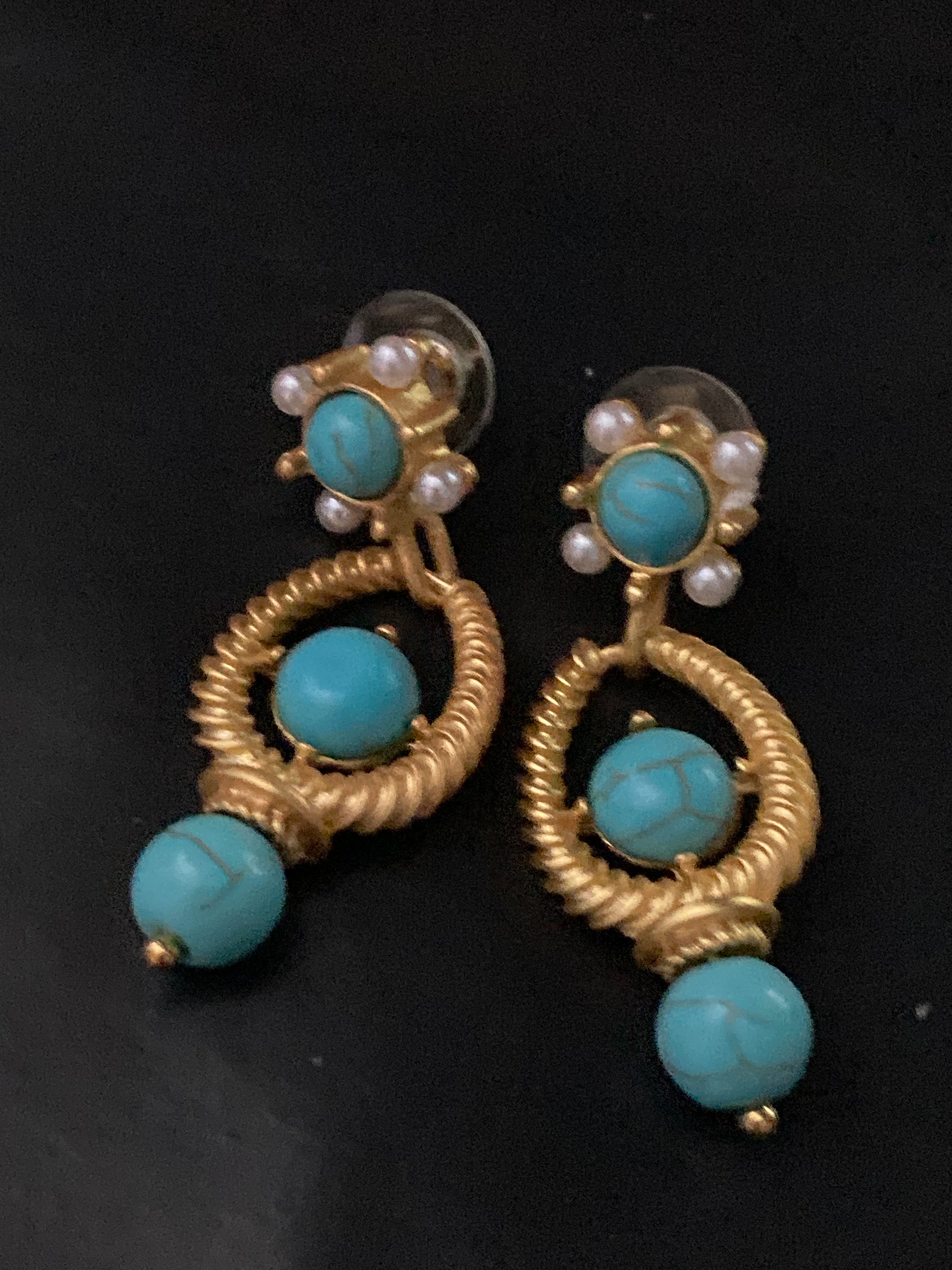 Etruscan style gold tone faux turquoise and pearl drop earrings