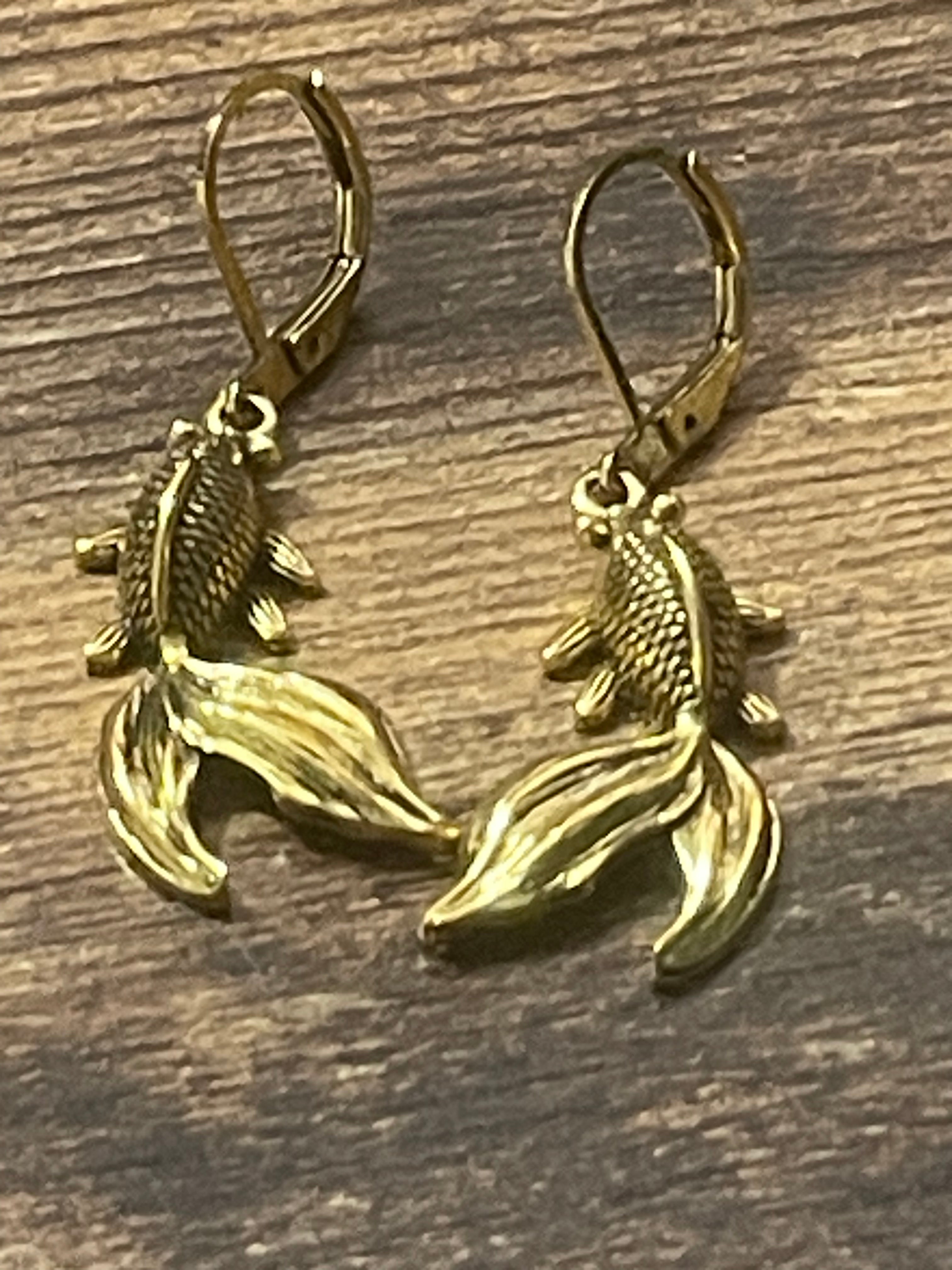 Japanese inspired koy carp gold tone fish drop earrings