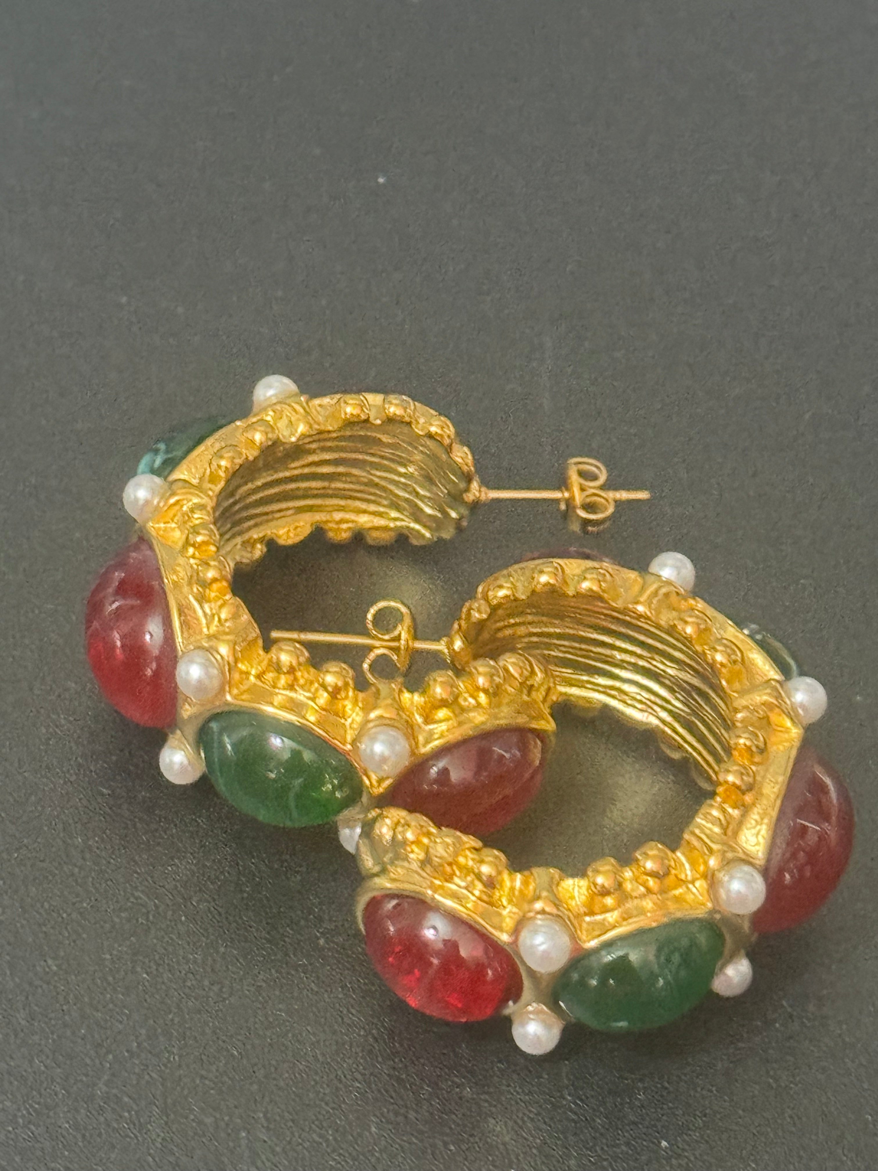 gold wide rainbow gripoix style cabochon pierced hoop earrings