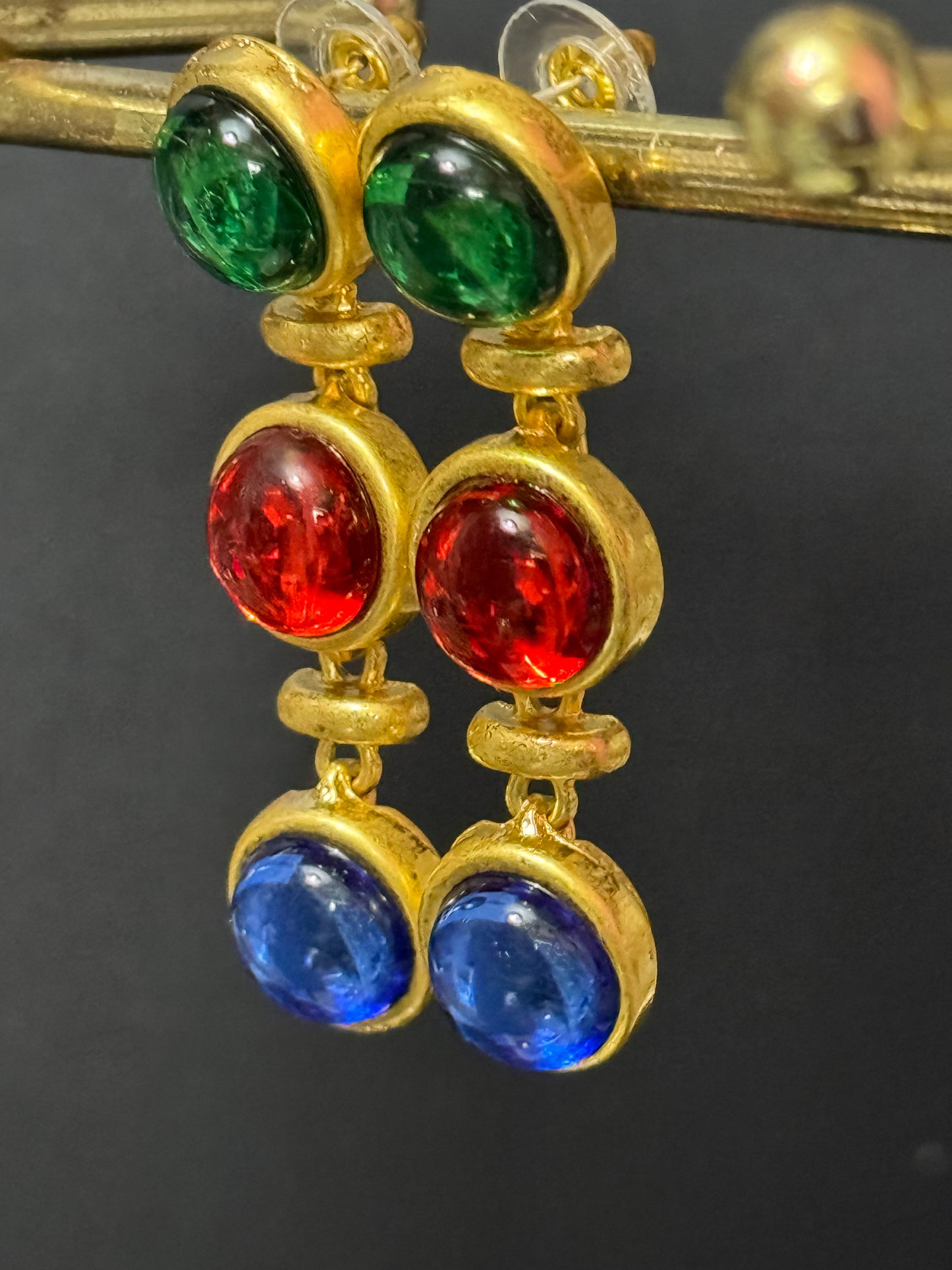 Gold gripoix style emerald ruby sapphire drop earrings