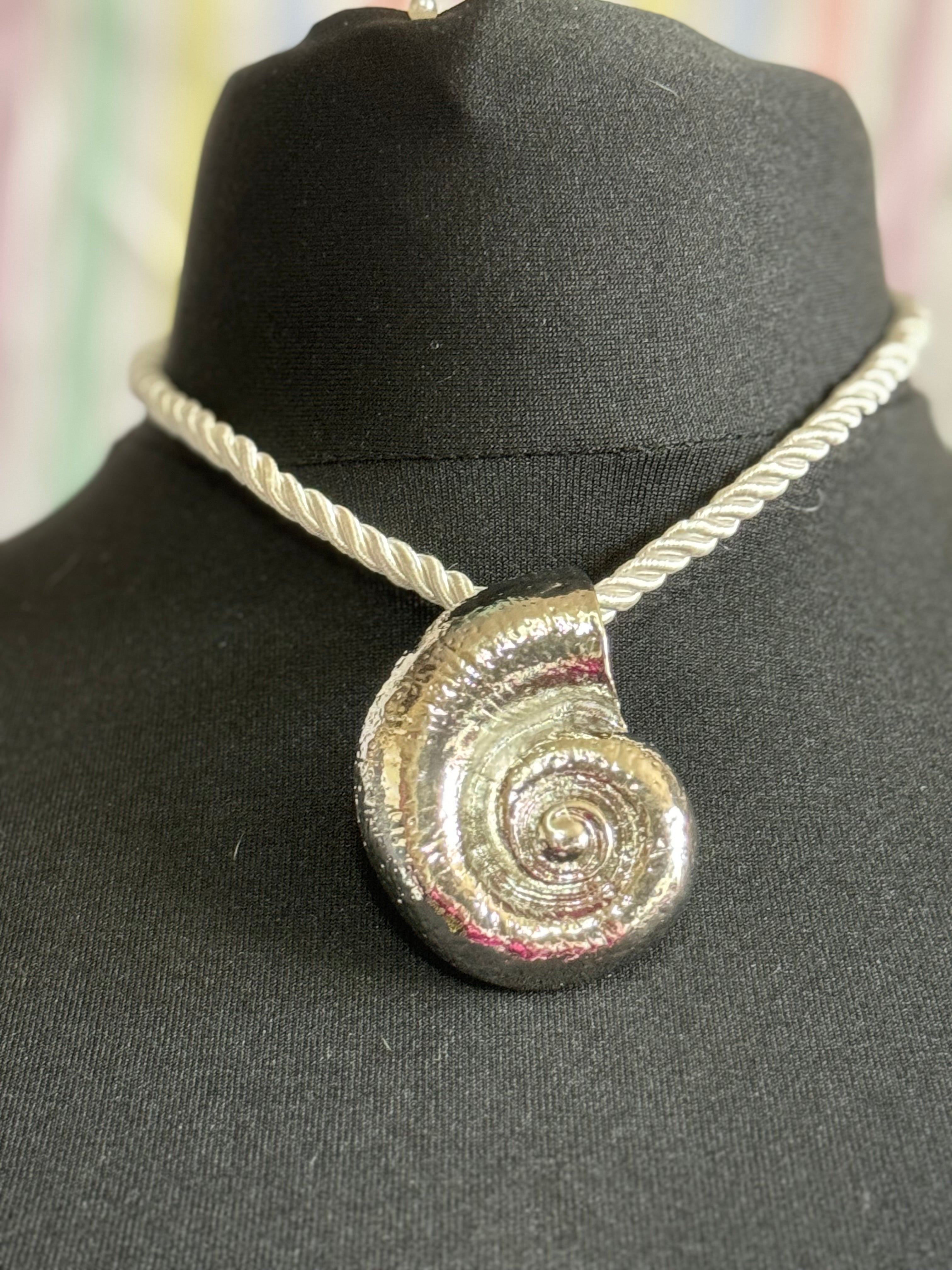 Oversized silver seashell ammonite nautical shell necklace on white cord