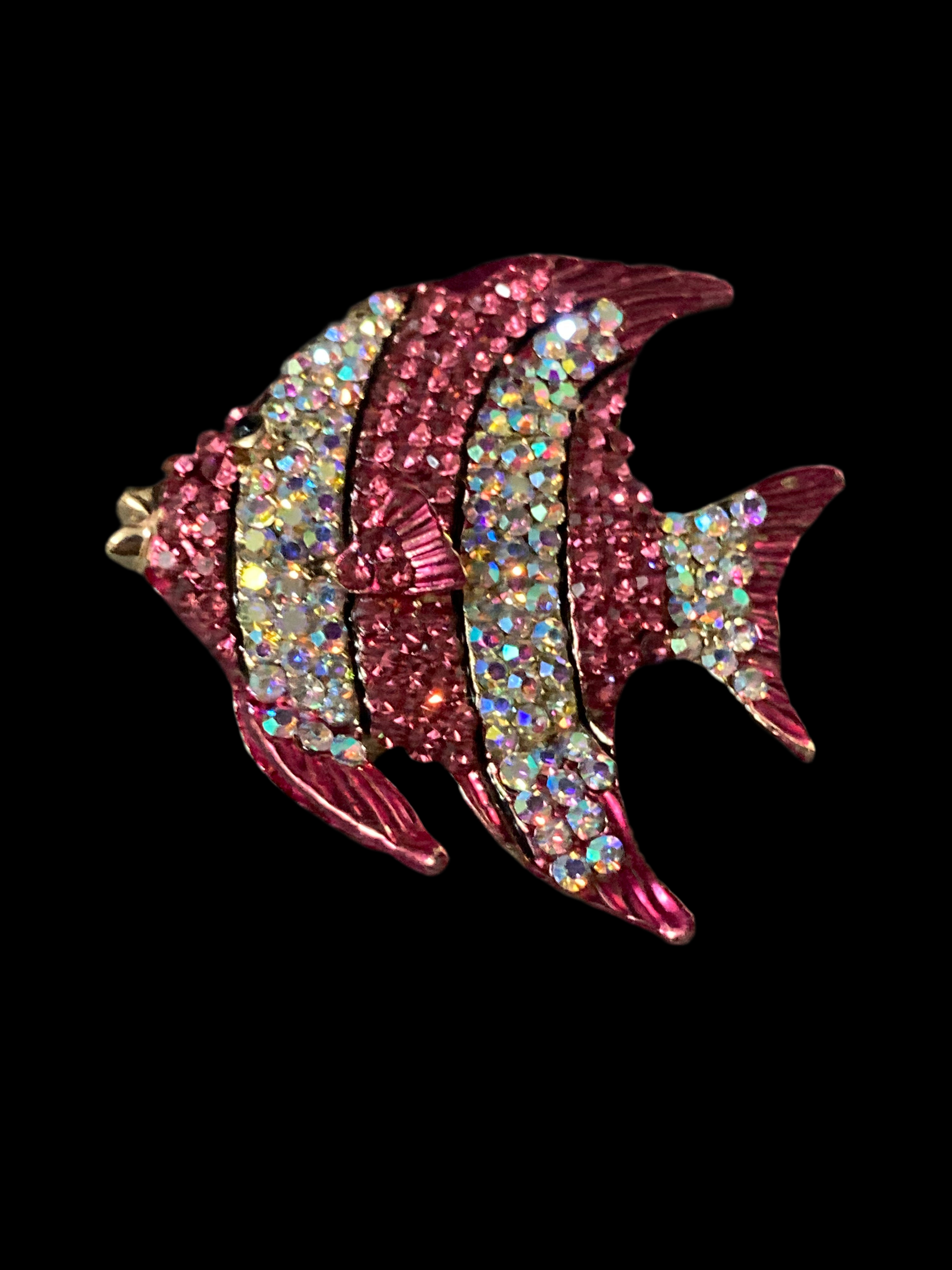 Diamanté fish brooch pink and clear stripes