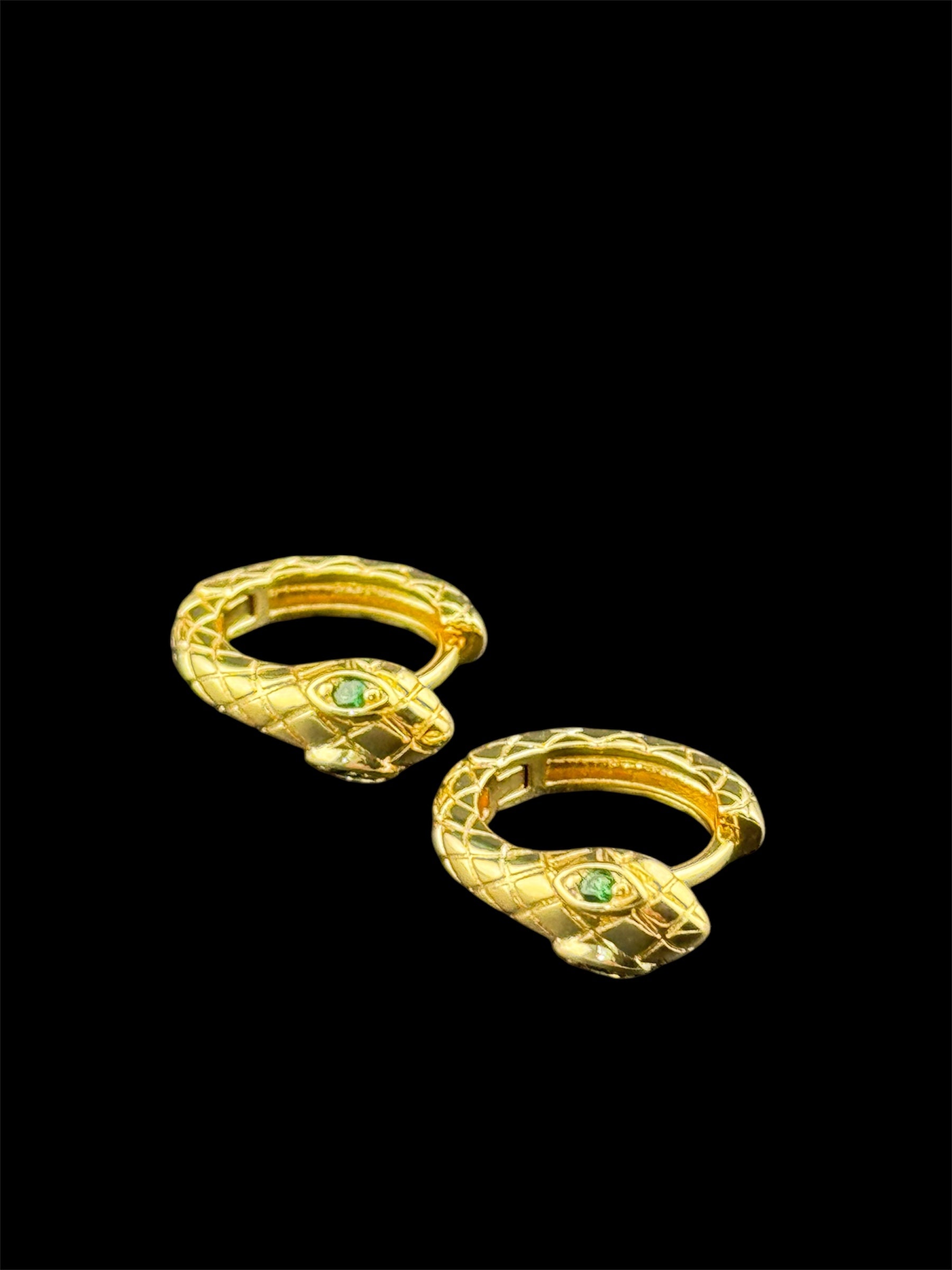 Small gold tone snake hoop earrings with CZ emerald eyes