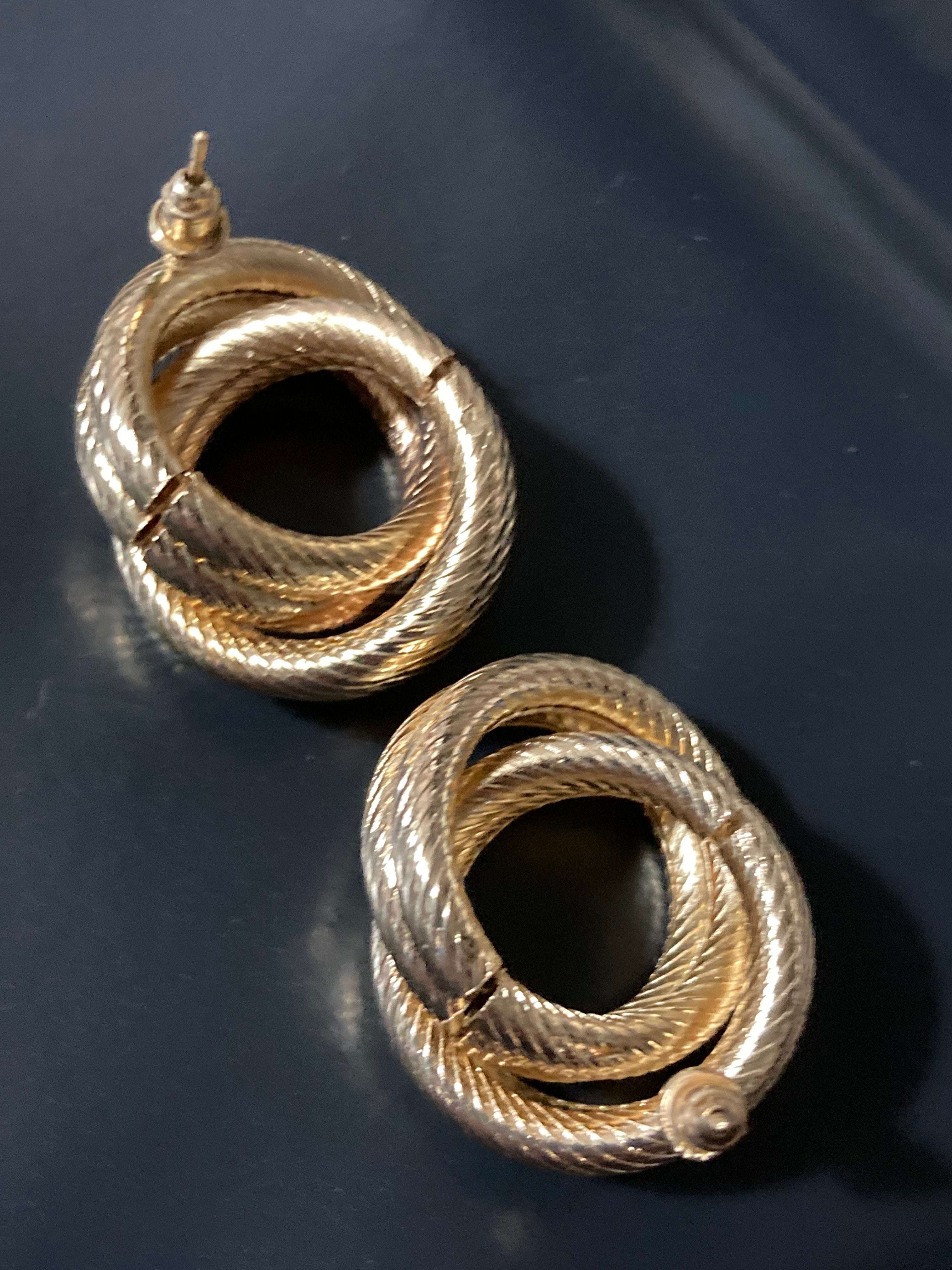 Oversized rope textured Gold tone oval tube knot earrings