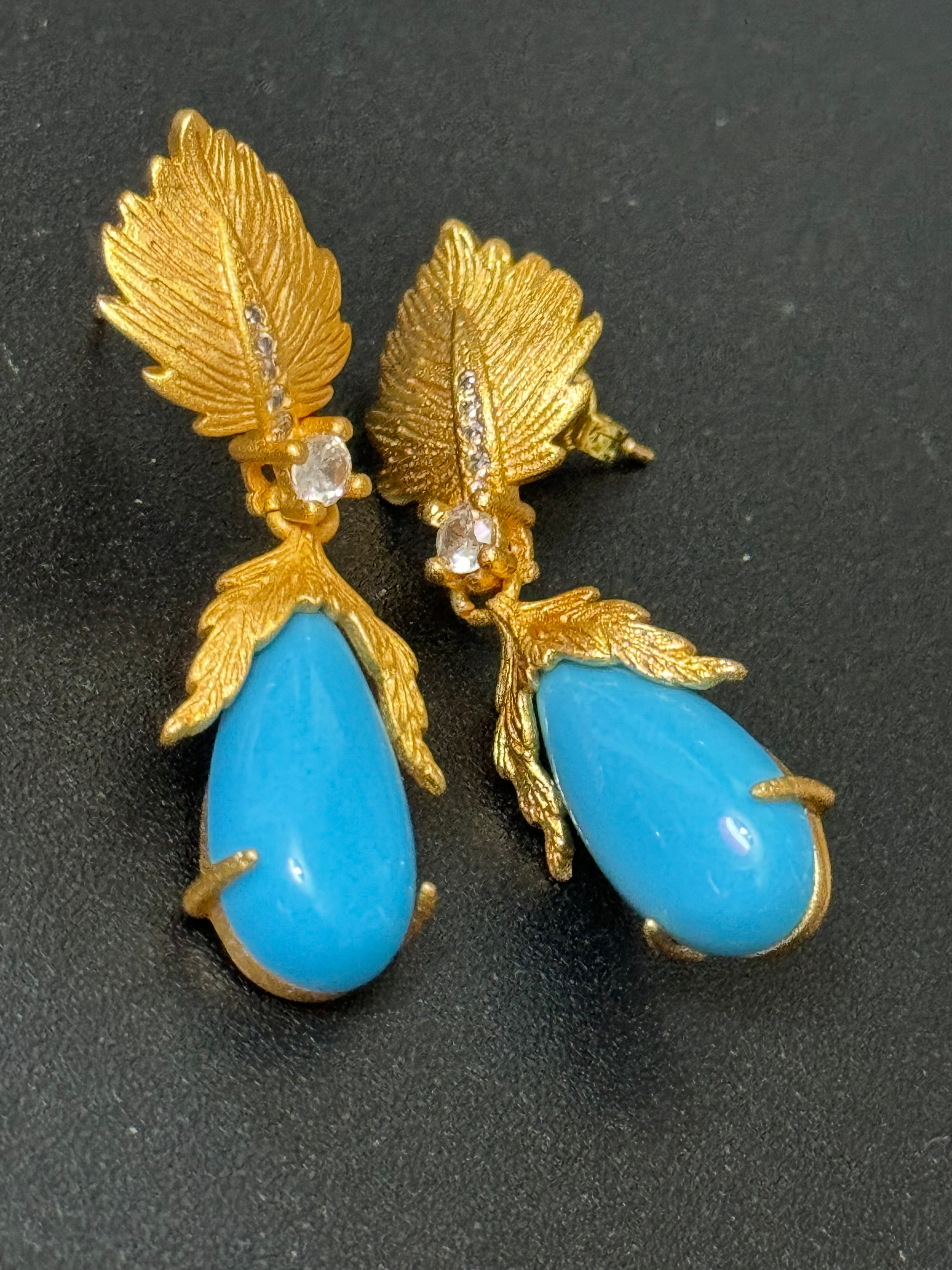 High end Antique Etruscan style gold tone faux turquoise teardrop earrings