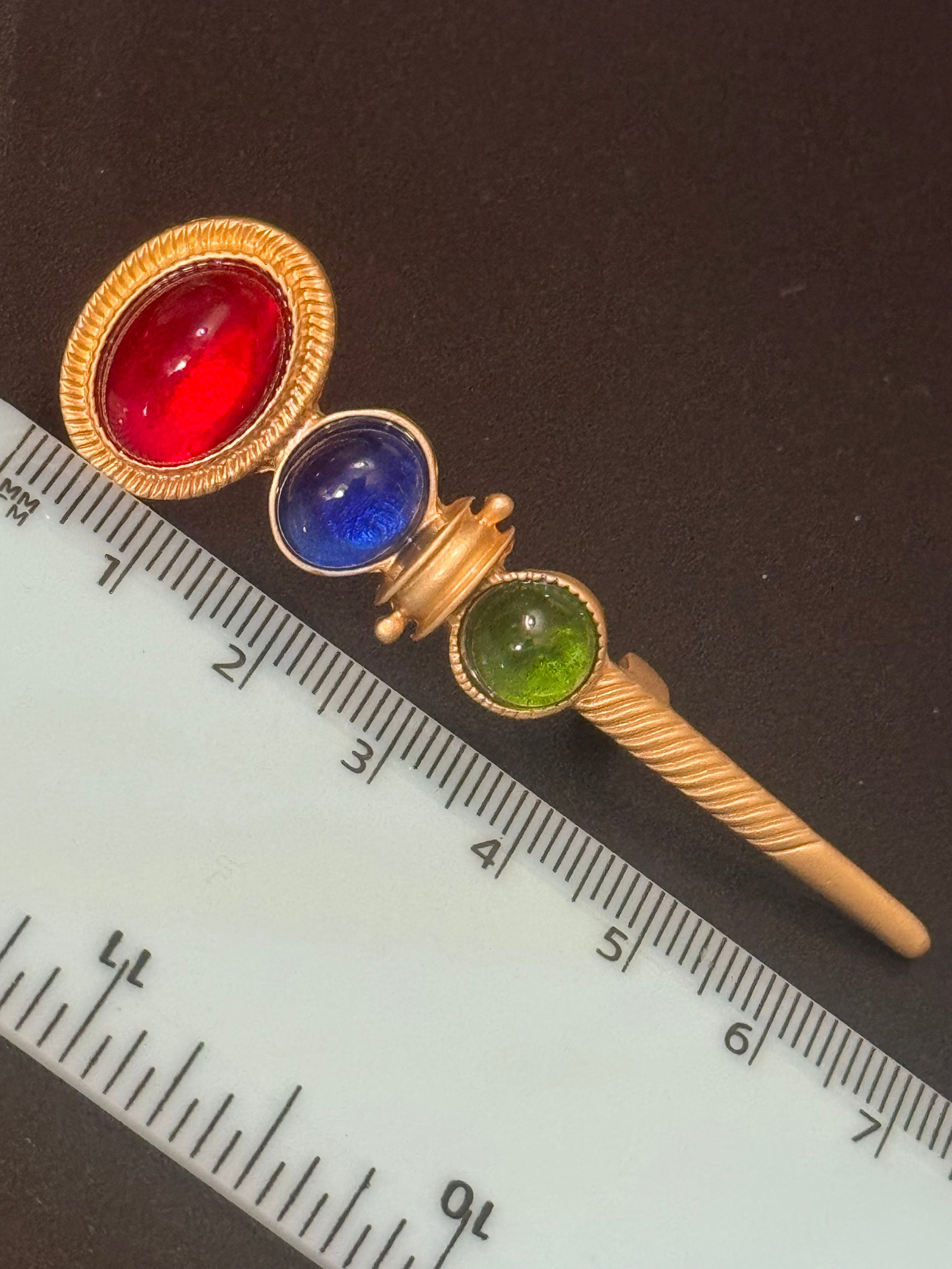 Large red green blue cabochon medieval bar brooch Gripoix style