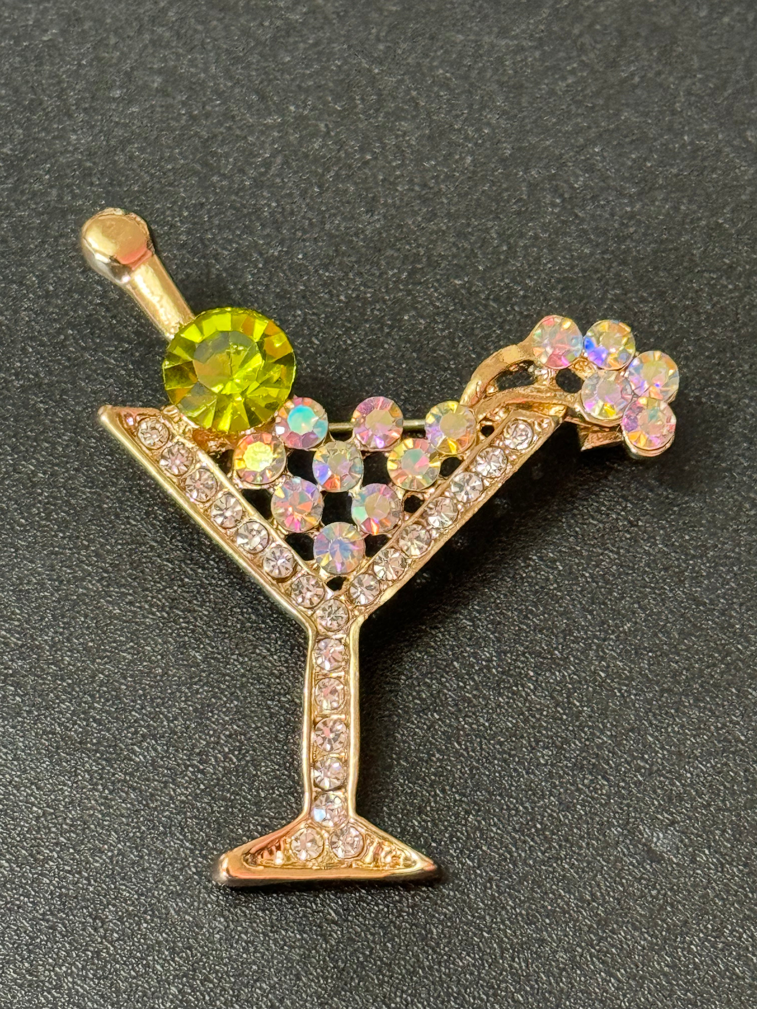 Champagne cocktail glass with green olive diamanté Crystal martini brooch gold tone