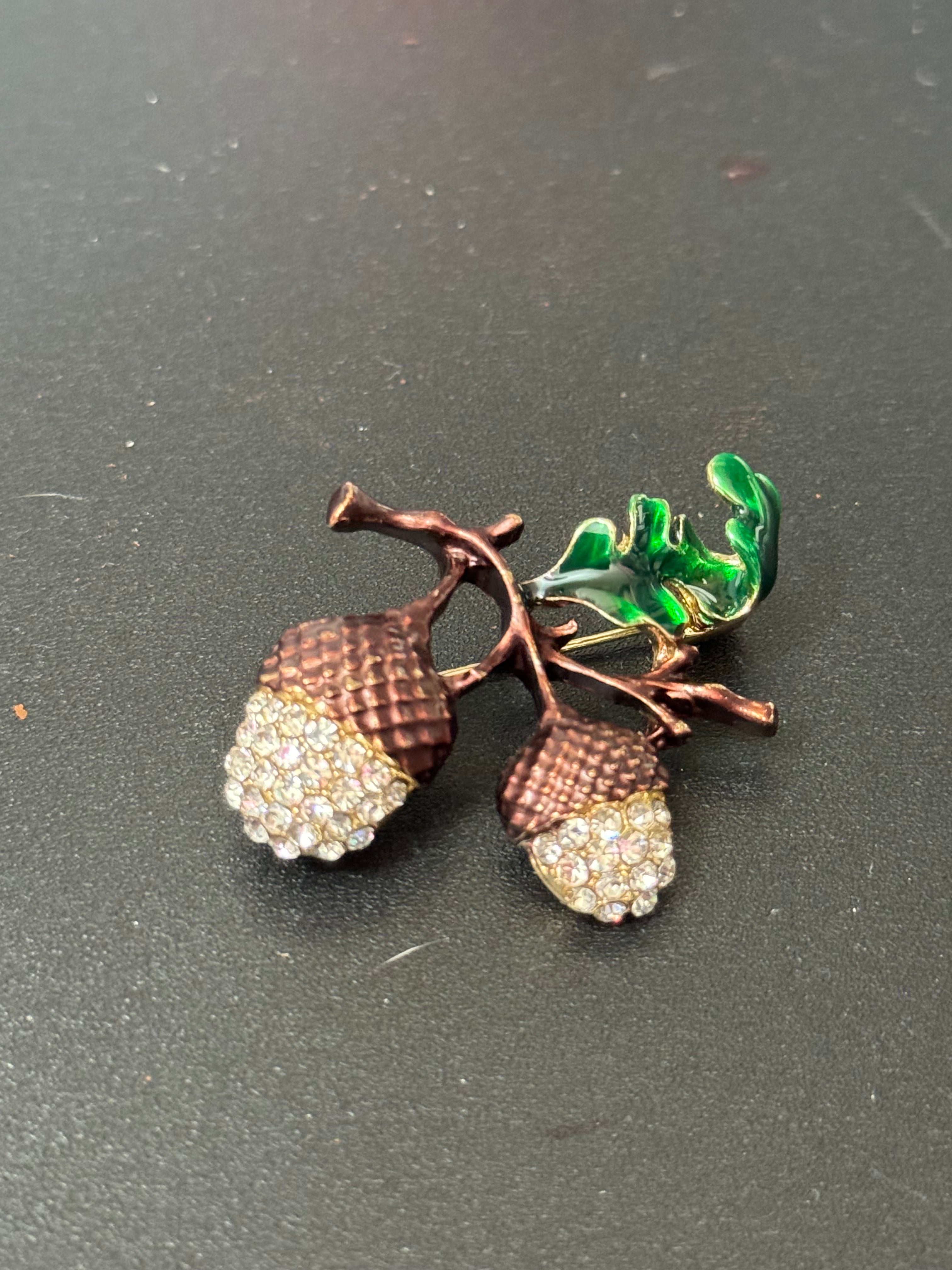 Crystal Oak tree acorn brooch with brown green enamel brooch with clear rhinestones