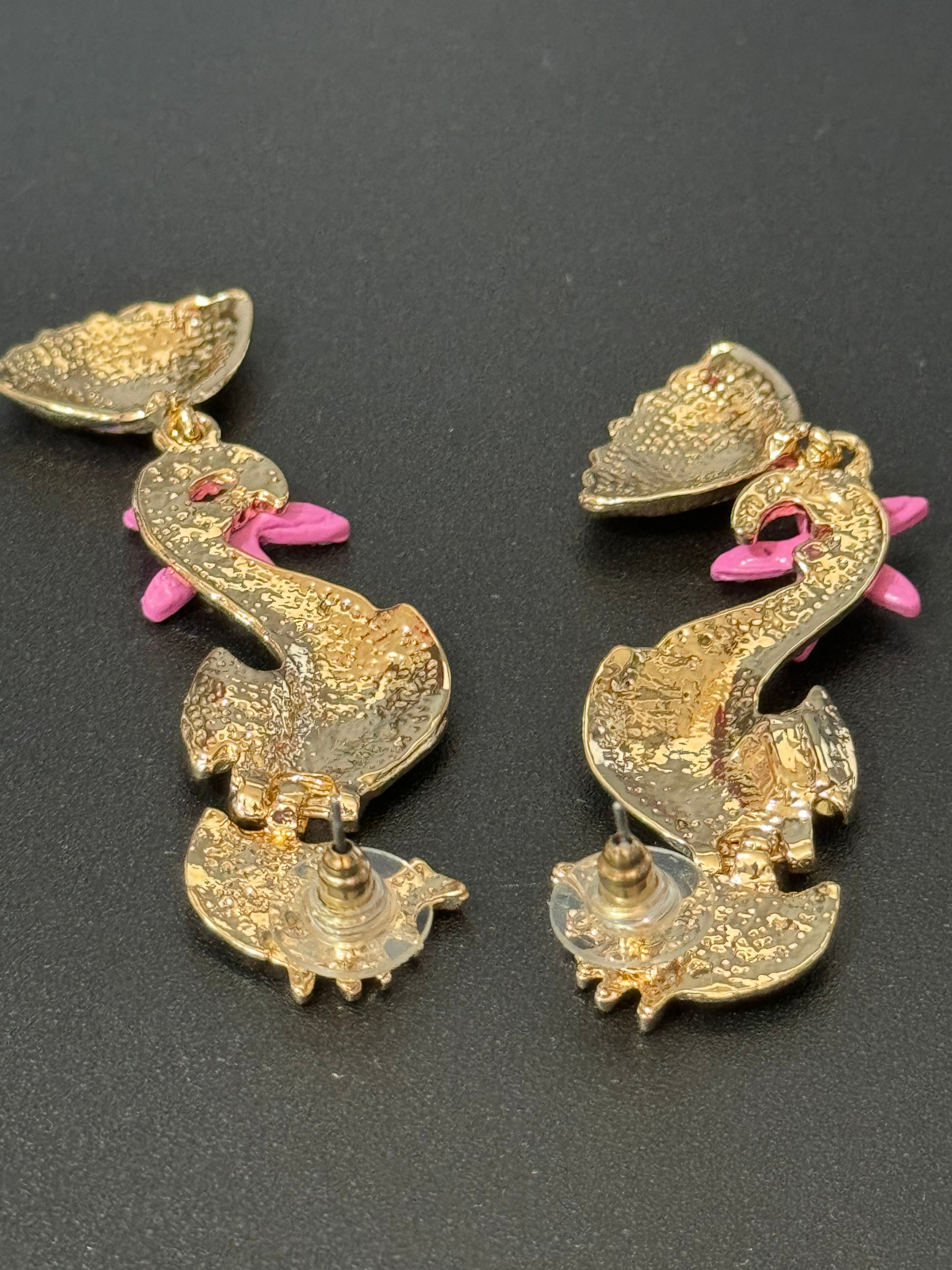 Large mint green and pink crystal seahorse earrings