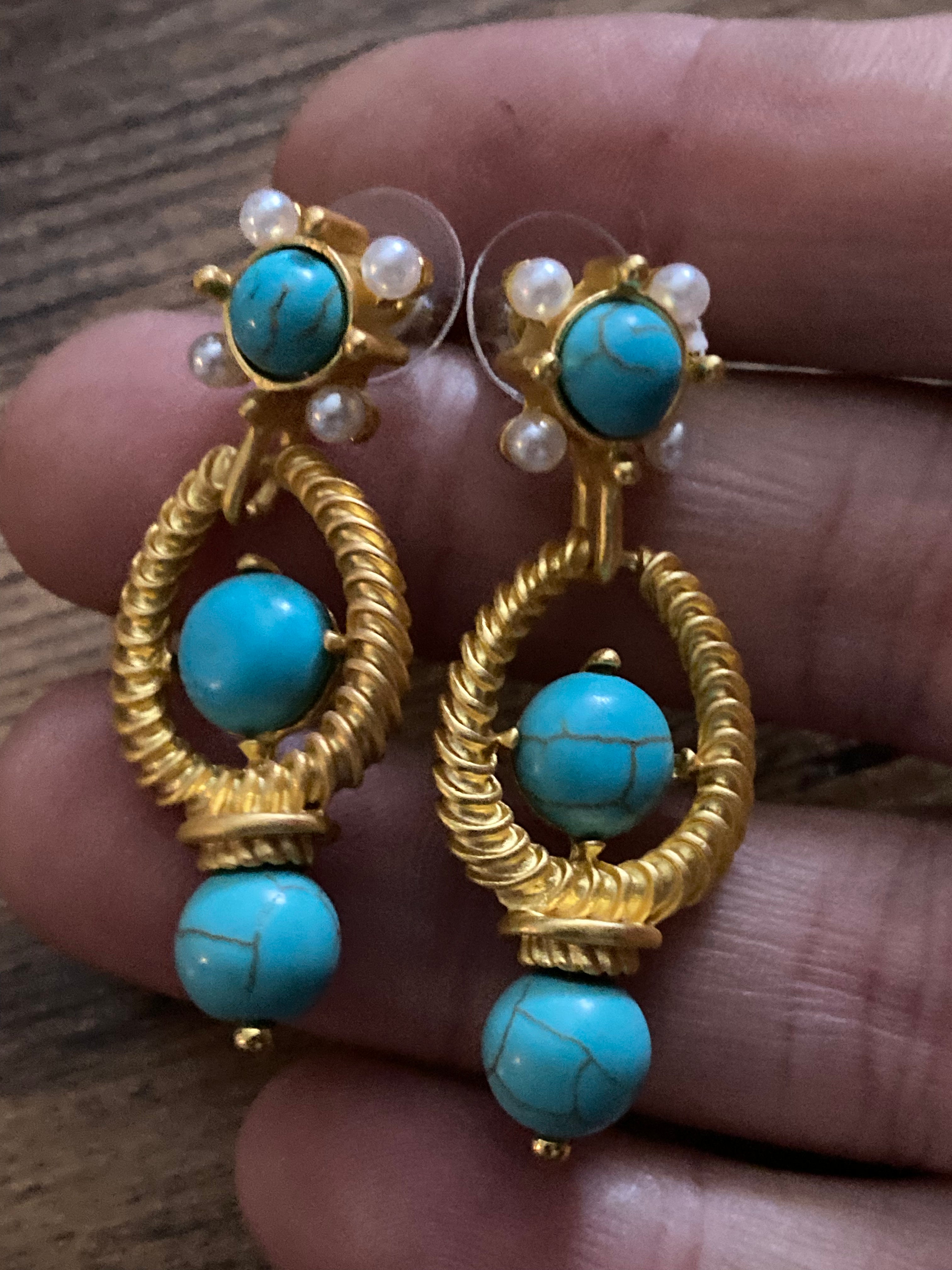 Etruscan style gold tone faux turquoise and pearl drop earrings