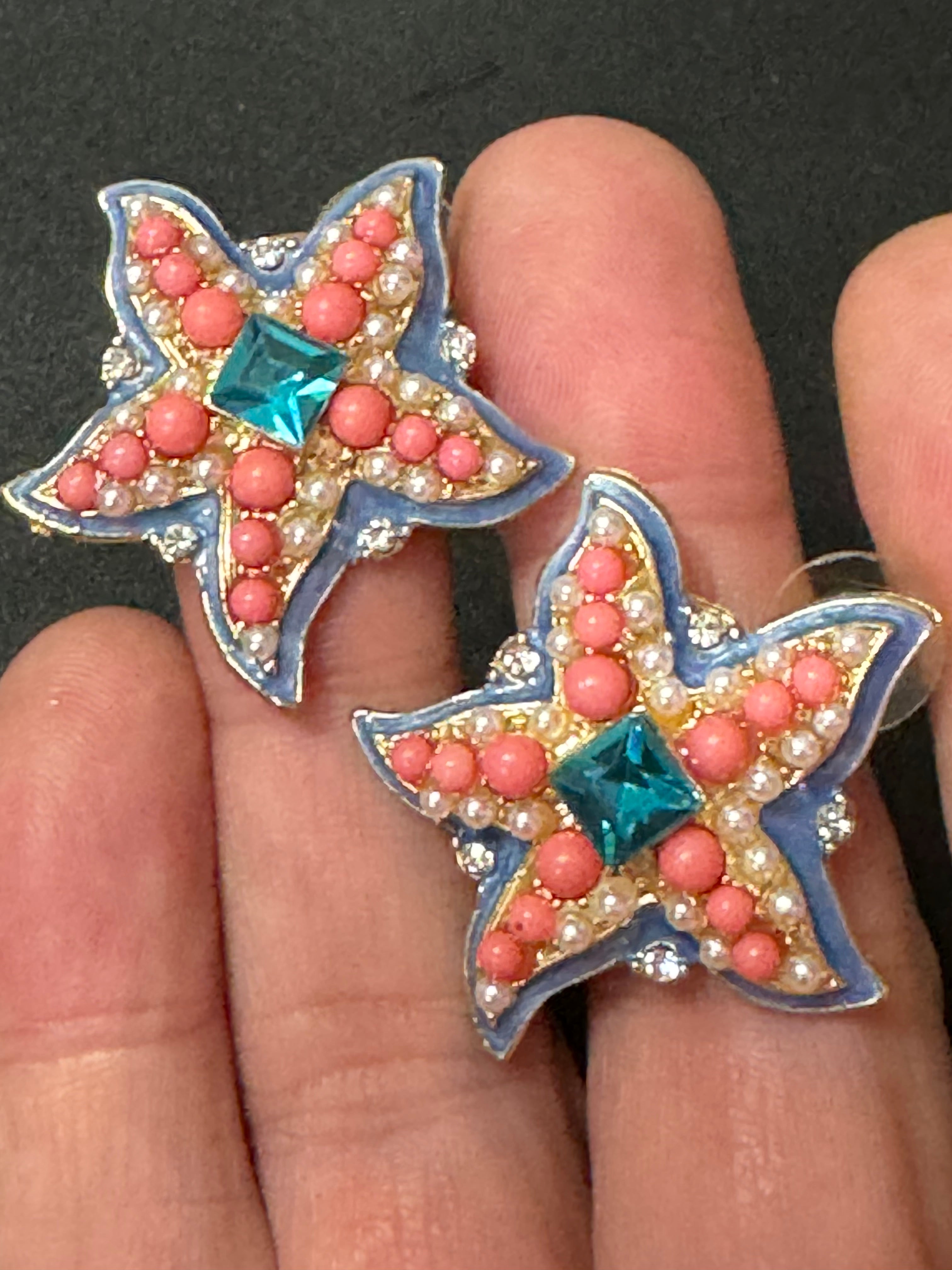 Oversized coral and turquoise starfish stud earrings