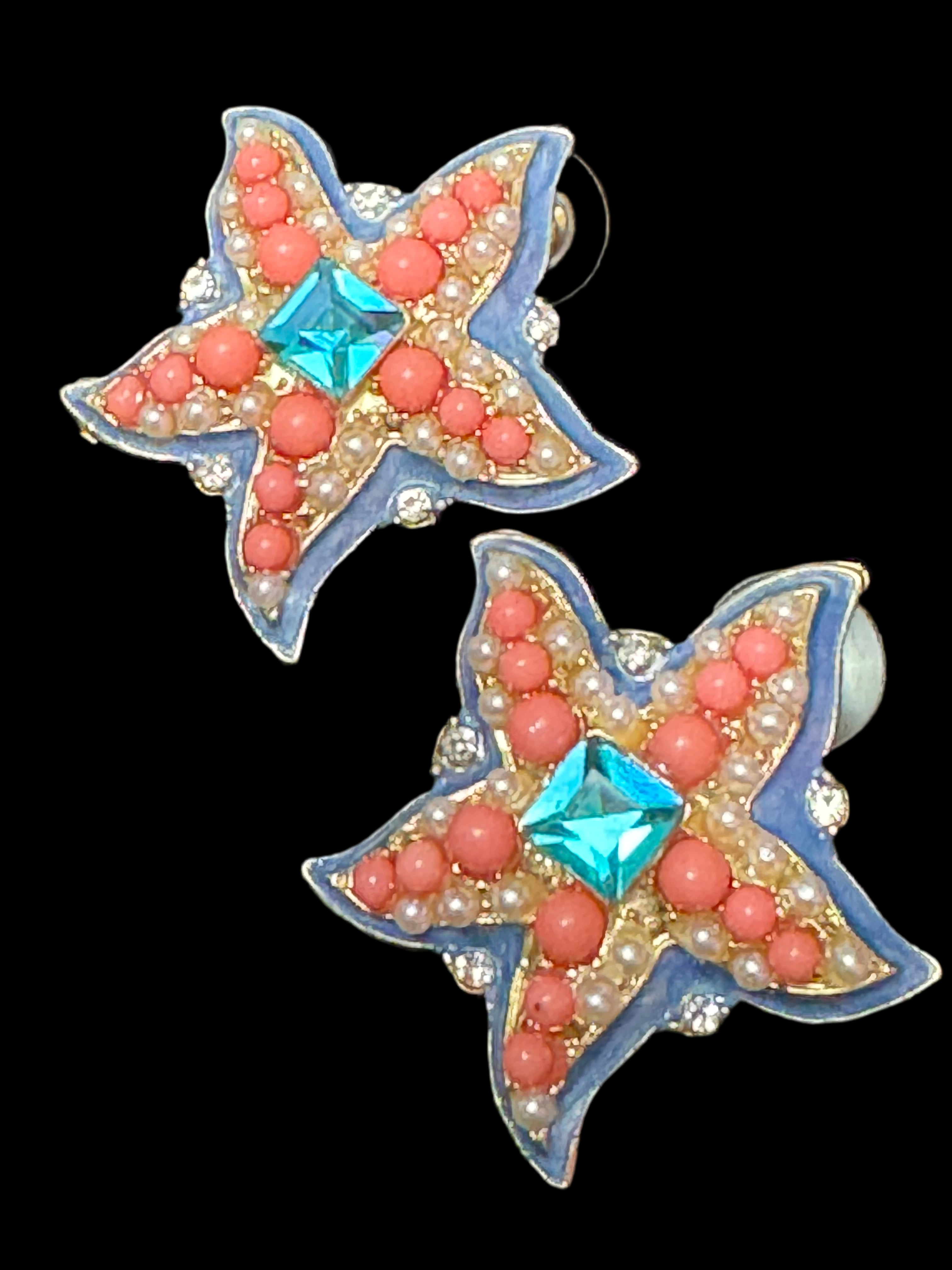 Oversized coral and turquoise starfish stud earrings