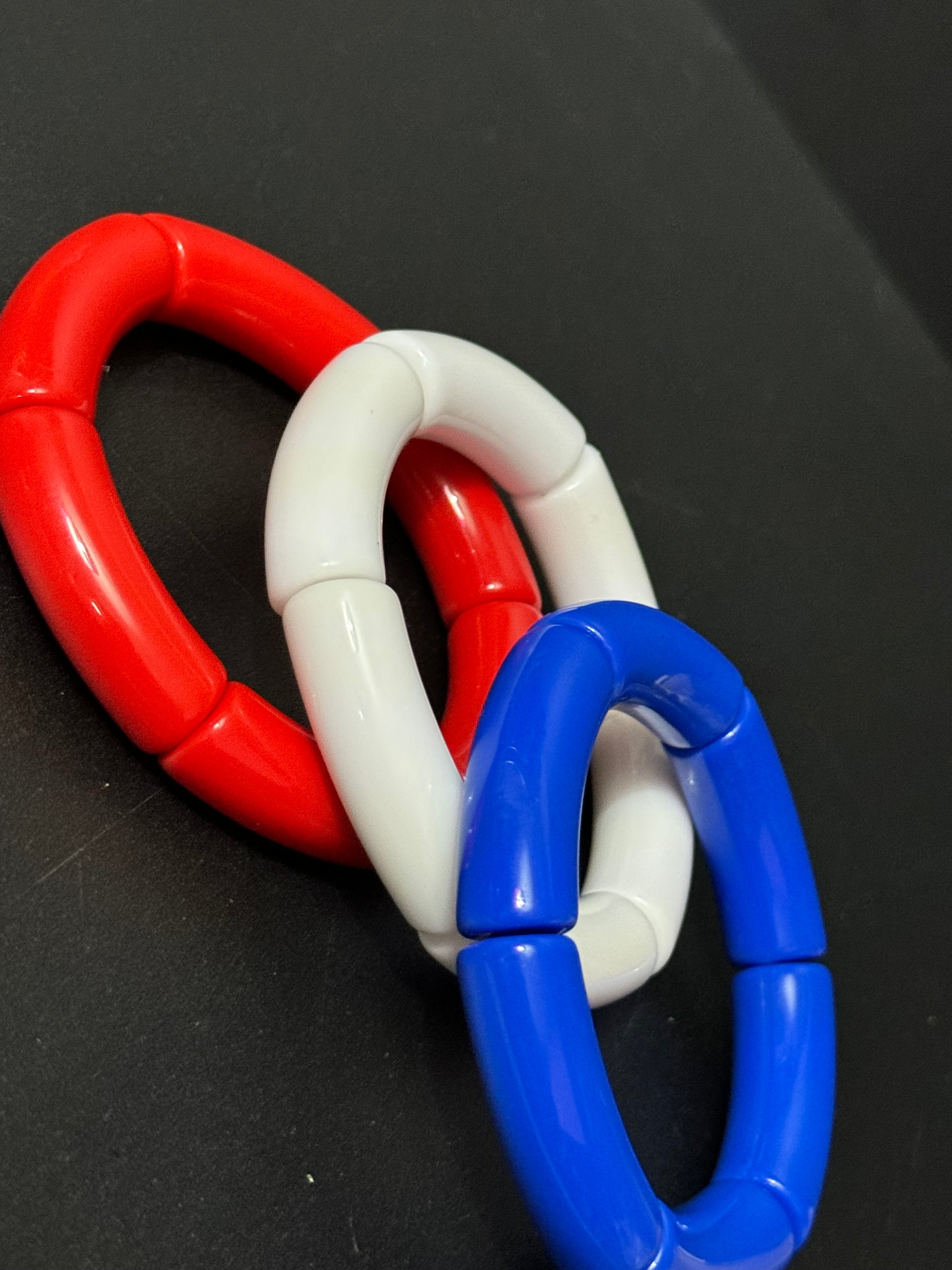 Patriotic trio of red white and blue arm stretch bangle bracelets