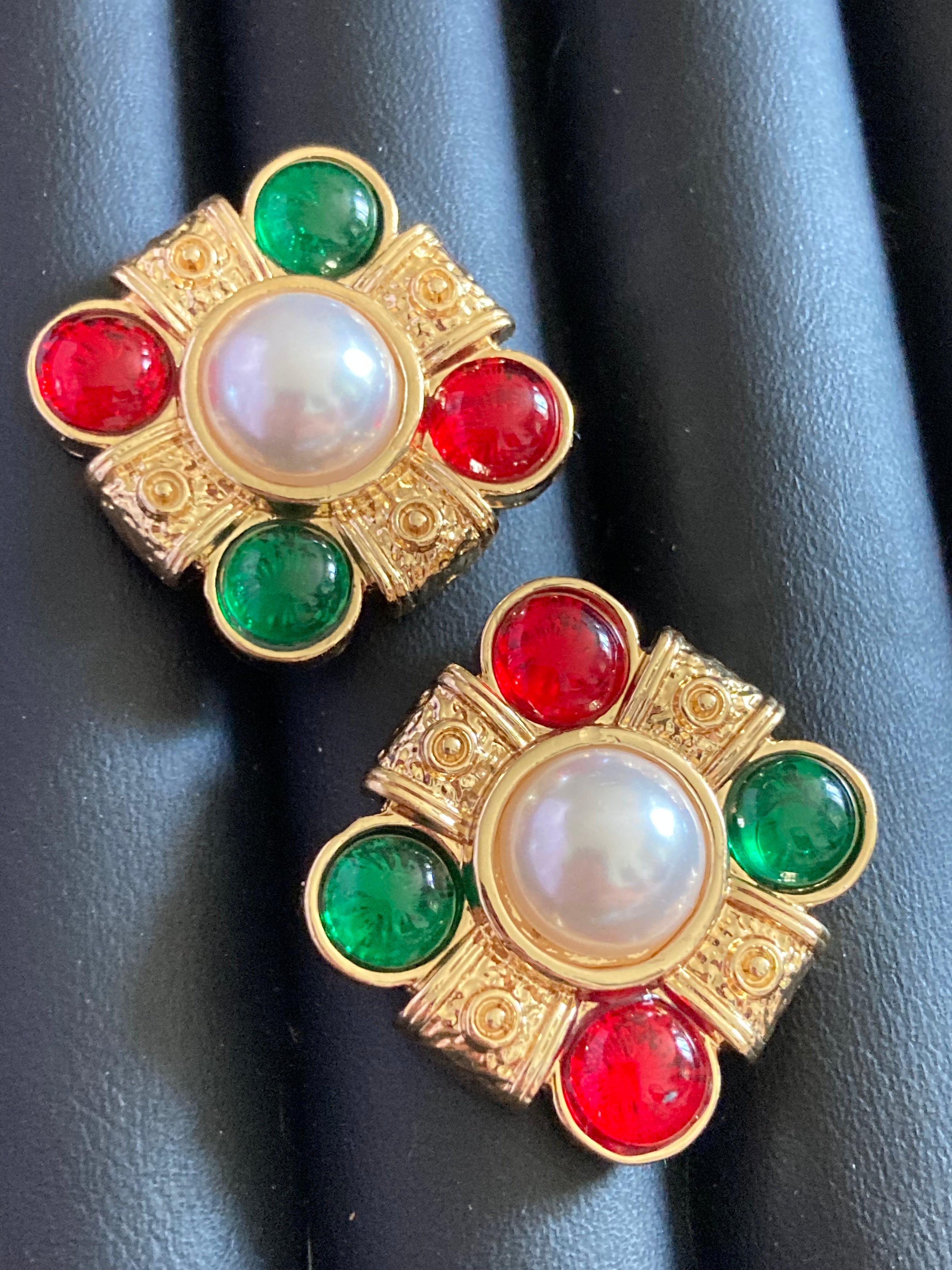 gold emerald ruby faux pearl gripoix style cabochon square pierced stud earrings