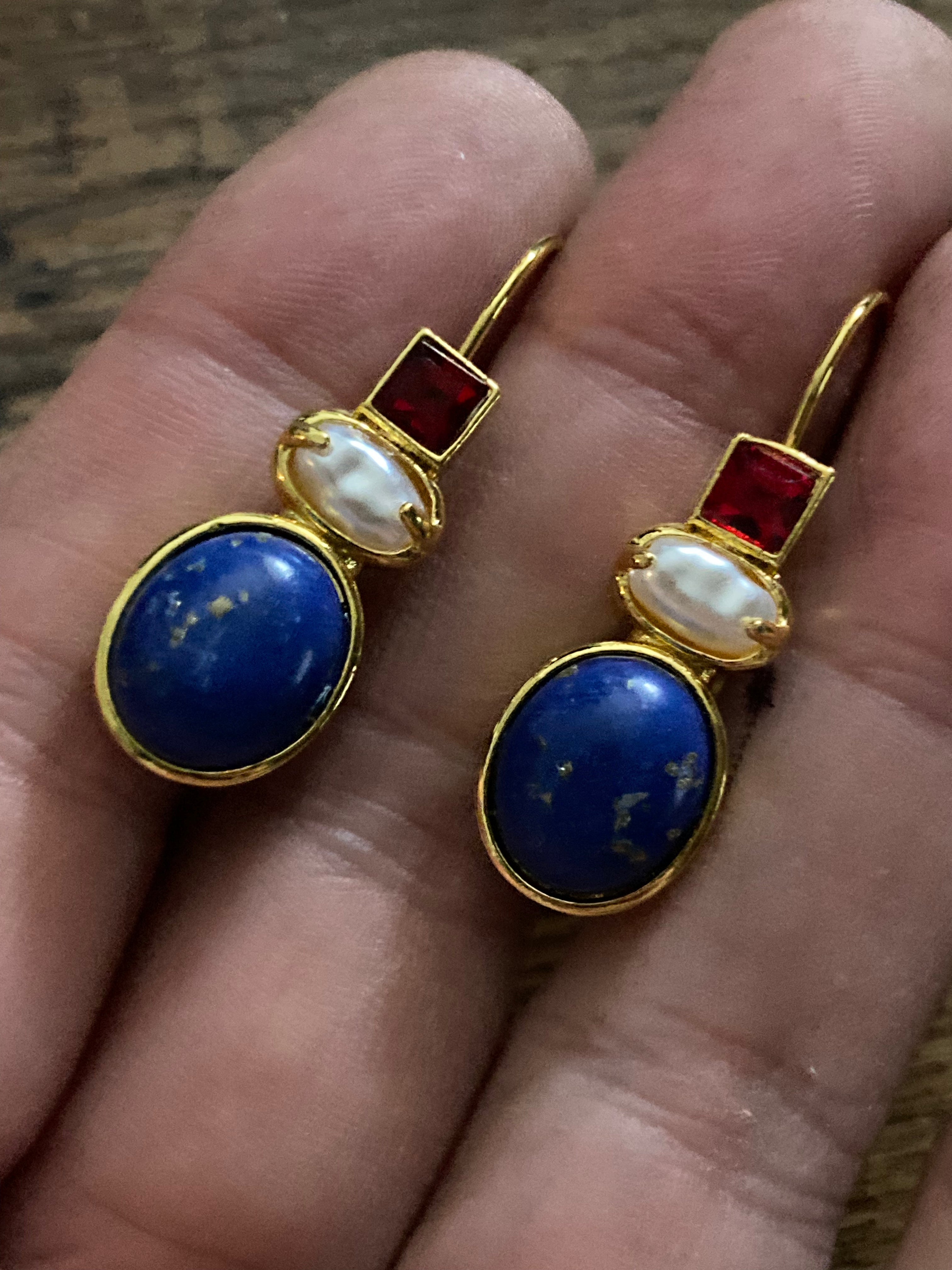 Gold tone faux lapis lazuli pearl and ruby red diamanté drop earrings