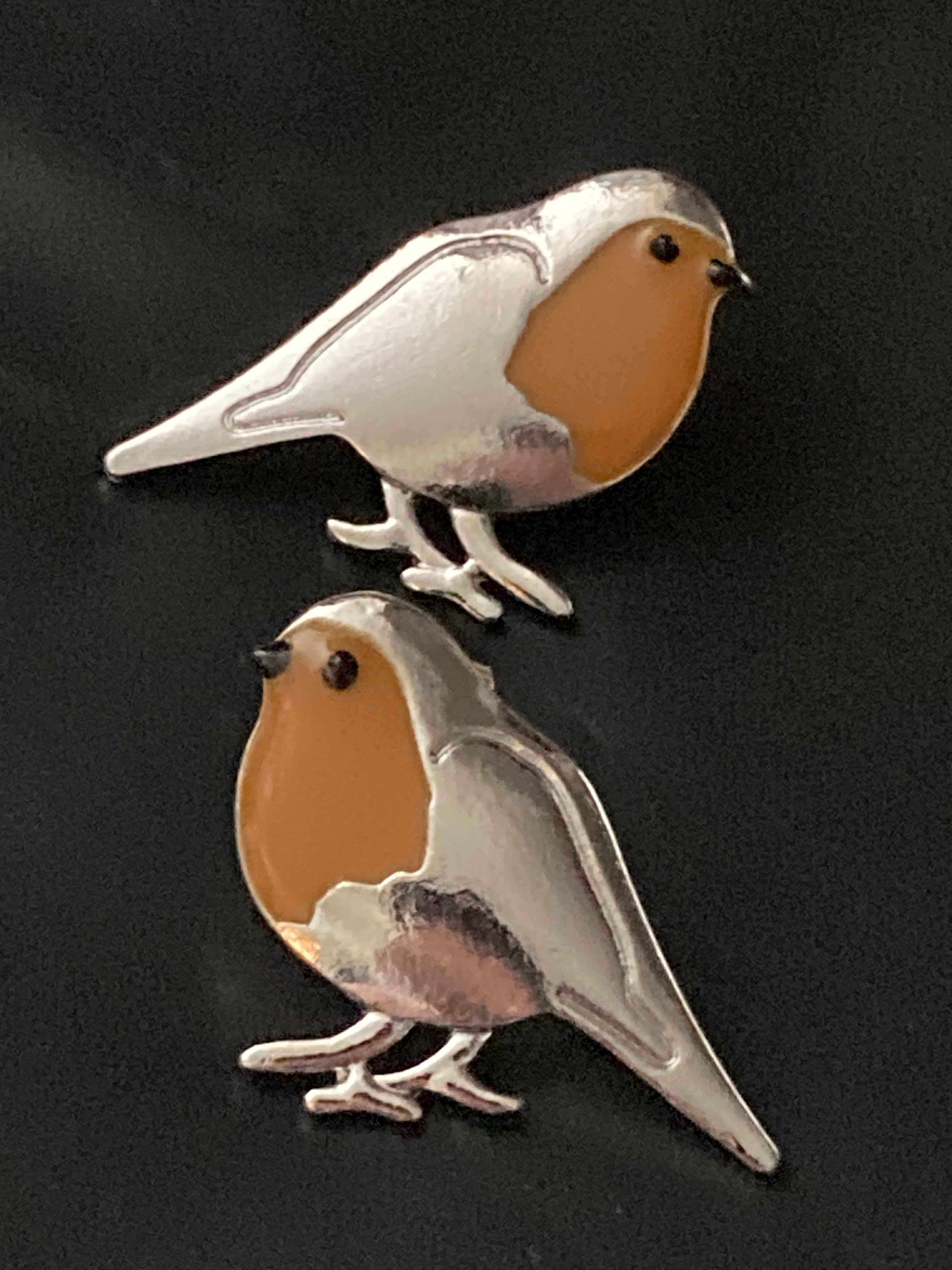 Large Robin earrings redbreast silver tone studs 3.5 cm red orange enamel for pierced ears